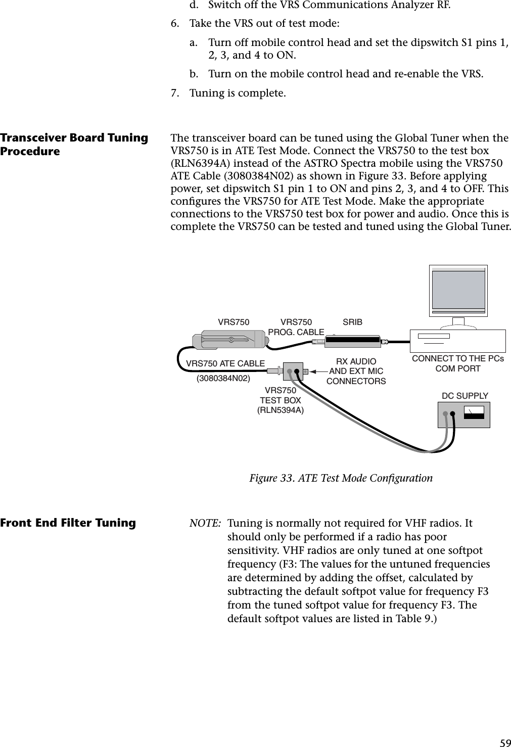 59d. Switch off the VRS Communications Analyzer RF.6. Take the VRS out of test mode:a. Turn off mobile control head and set the dipswitch S1 pins 1, 2, 3, and 4 to ON.b. Turn on the mobile control head and re-enable the VRS.7. Tuning is complete.Transceiver Board Tuning ProcedureThe transceiver board can be tuned using the Global Tuner when the VRS750 is in ATE Test Mode. Connect the VRS750 to the test box (RLN6394A) instead of the ASTRO Spectra mobile using the VRS750 ATE Cable (3080384N02) as shown in Figure 33. Before applying power, set dipswitch S1 pin 1 to ON and pins 2, 3, and 4 to OFF. This conﬁgures the VRS750 for ATE Test Mode. Make the appropriate connections to the VRS750 test box for power and audio. Once this is complete the VRS750 can be tested and tuned using the Global Tuner.Front End Filter Tuning NOTE: Tuning is normally not required for VHF radios. It should only be performed if a radio has poor sensitivity. VHF radios are only tuned at one softpot frequency (F3: The values for the untuned frequencies are determined by adding the offset, calculated by subtracting the default softpot value for frequency F3 from the tuned softpot value for frequency F3. The default softpot values are listed in Table 9.)Figure 33. ATE Test Mode ConﬁgurationVRS750VRS750TEST BOX(RLN5394A)VRS750PROG. CABLERX AUDIOAND EXT MICCONNECTORSSRIBDC SUPPLYVRS750 ATE CABLE(3080384N02)CONNECT TO THE PCsCOM PORT