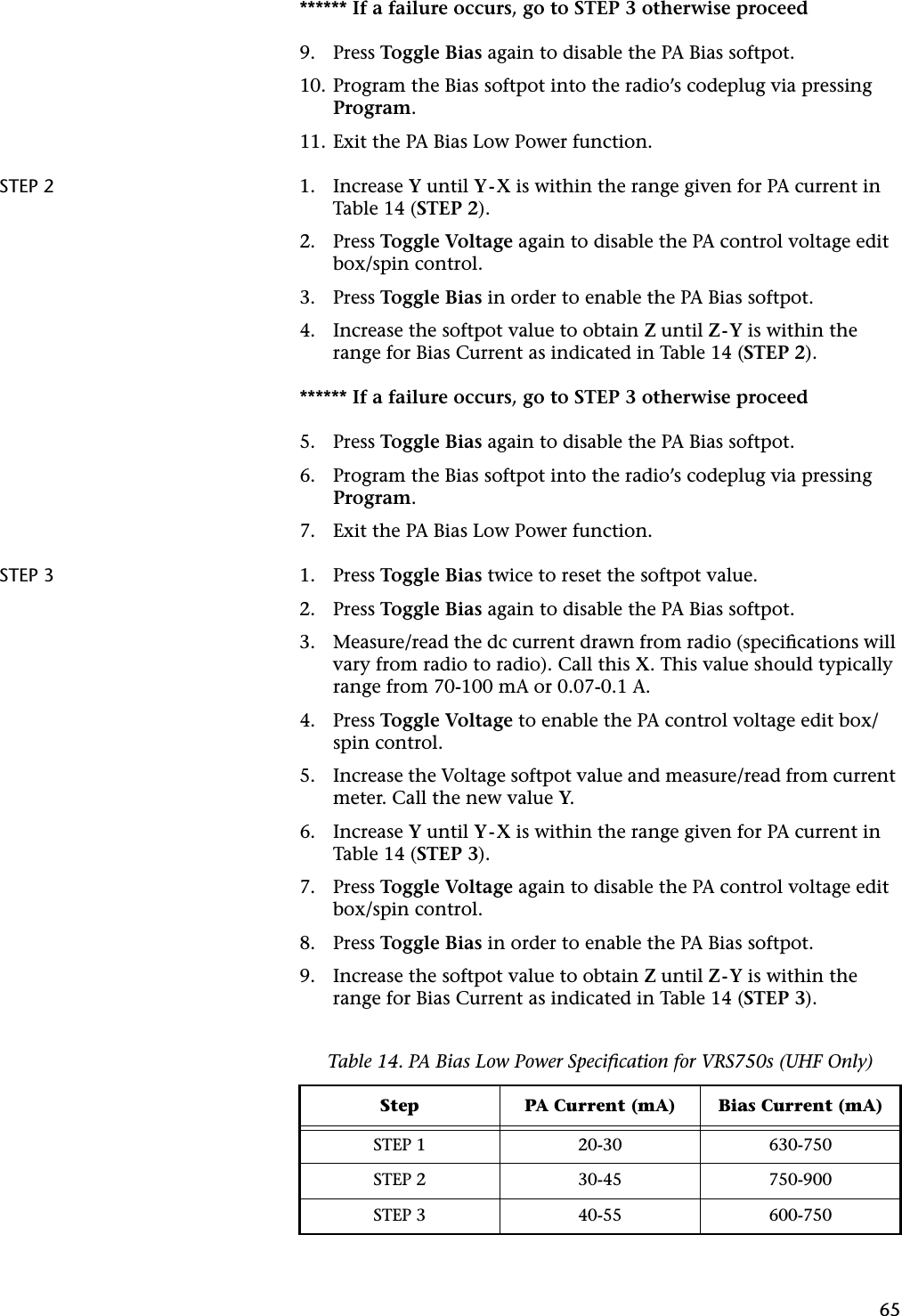 65****** If a failure occurs, go to STEP 3 otherwise proceed9. Press Toggle Bias again to disable the PA Bias softpot.10. Program the Bias softpot into the radio’s codeplug via pressing Program.11. Exit the PA Bias Low Power function.STEP 2 1. Increase Y until Y-X is within the range given for PA current in Table 14 (STEP 2).2. Press Toggle Voltage again to disable the PA control voltage edit box/spin control.3. Press Toggle Bias in order to enable the PA Bias softpot.4. Increase the softpot value to obtain Z until Z-Y is within the range for Bias Current as indicated in Table 14 (STEP 2).****** If a failure occurs, go to STEP 3 otherwise proceed5. Press Toggle Bias again to disable the PA Bias softpot.6. Program the Bias softpot into the radio’s codeplug via pressing Program.7. Exit the PA Bias Low Power function.STEP 3 1. Press Toggle Bias twice to reset the softpot value.2. Press Toggle Bias again to disable the PA Bias softpot.3. Measure/read the dc current drawn from radio (speciﬁcations will vary from radio to radio). Call this X. This value should typically range from 70-100 mA or 0.07-0.1 A.4. Press Toggle Voltage to enable the PA control voltage edit box/spin control.5. Increase the Voltage softpot value and measure/read from current meter. Call the new value Y.6. Increase Y until Y-X is within the range given for PA current in Table 14 (STEP 3).7. Press Toggle Voltage again to disable the PA control voltage edit box/spin control.8. Press Toggle Bias in order to enable the PA Bias softpot.9. Increase the softpot value to obtain Z until Z-Y is within the range for Bias Current as indicated in Table 14 (STEP 3).Table 14. PA Bias Low Power Speciﬁcation for VRS750s (UHF Only)Step  PA Current (mA) Bias Current (mA)STEP 1 20-30 630-750STEP 2 30-45 750-900STEP 3 40-55 600-750