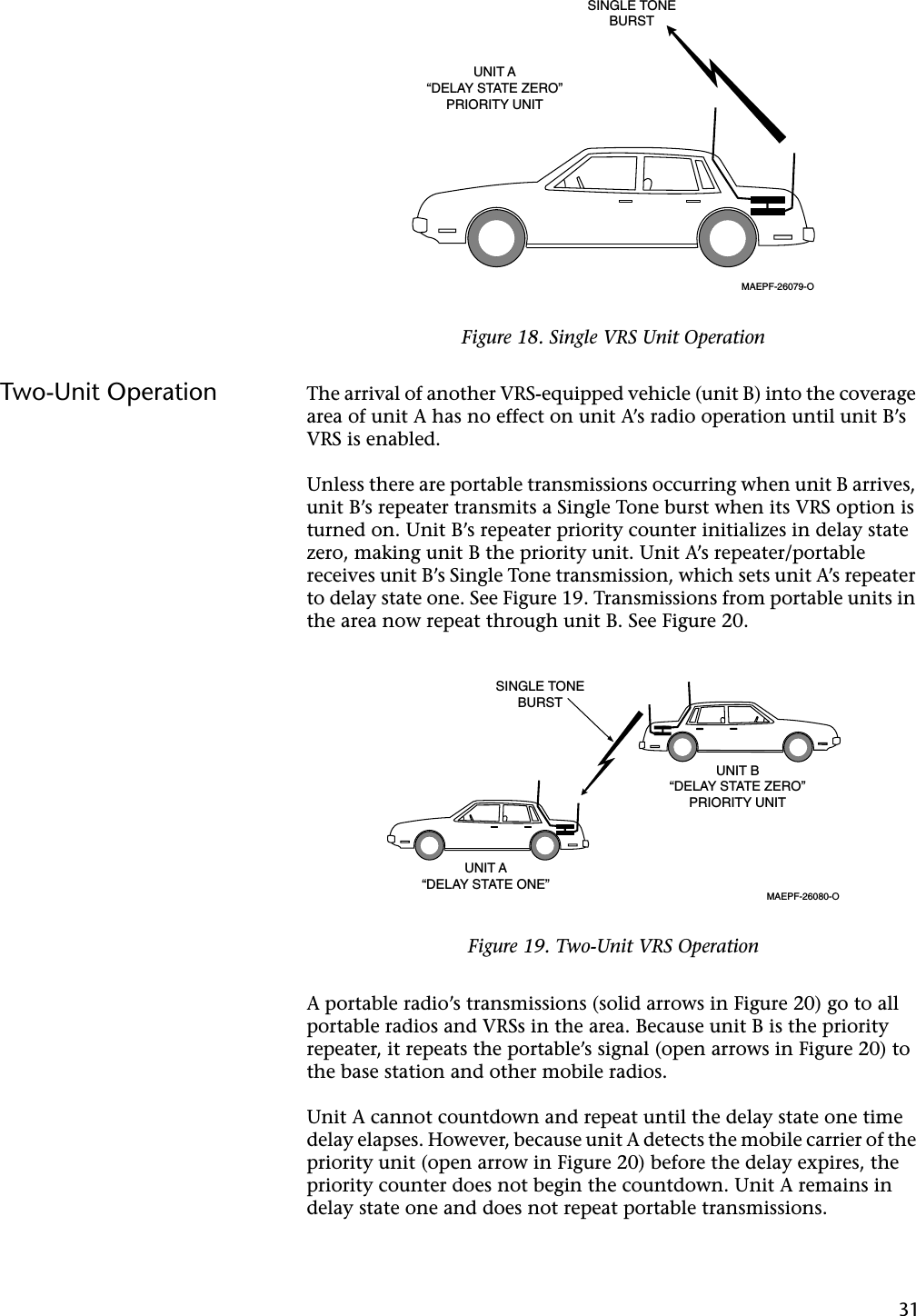 31Two-Unit Operation The arrival of another VRS-equipped vehicle (unit B) into the coverage area of unit A has no effect on unit A’s radio operation until unit B’s VRS is enabled.Unless there are portable transmissions occurring when unit B arrives, unit B’s repeater transmits a Single Tone burst when its VRS option is turned on. Unit B’s repeater priority counter initializes in delay state zero, making unit B the priority unit. Unit A’s repeater/portable receives unit B’s Single Tone transmission, which sets unit A’s repeater to delay state one. See Figure 19. Transmissions from portable units in the area now repeat through unit B. See Figure 20.A portable radio’s transmissions (solid arrows in Figure 20) go to all portable radios and VRSs in the area. Because unit B is the priority repeater, it repeats the portable’s signal (open arrows in Figure 20) to the base station and other mobile radios.Unit A cannot countdown and repeat until the delay state one time delay elapses. However, because unit A detects the mobile carrier of the priority unit (open arrow in Figure 20) before the delay expires, the priority counter does not begin the countdown. Unit A remains in delay state one and does not repeat portable transmissions.Figure 18. Single VRS Unit OperationSINGLE TONEBURSTUNIT A“DELAY STATE ZERO”PRIORITY UNITMAEPF-26079-OFigure 19. Two-Unit VRS OperationSINGLE TONEBURSTUNIT A“DELAY STATE ONE”UNIT B“DELAY STATE ZERO”PRIORITY UNITMAEPF-26080-O