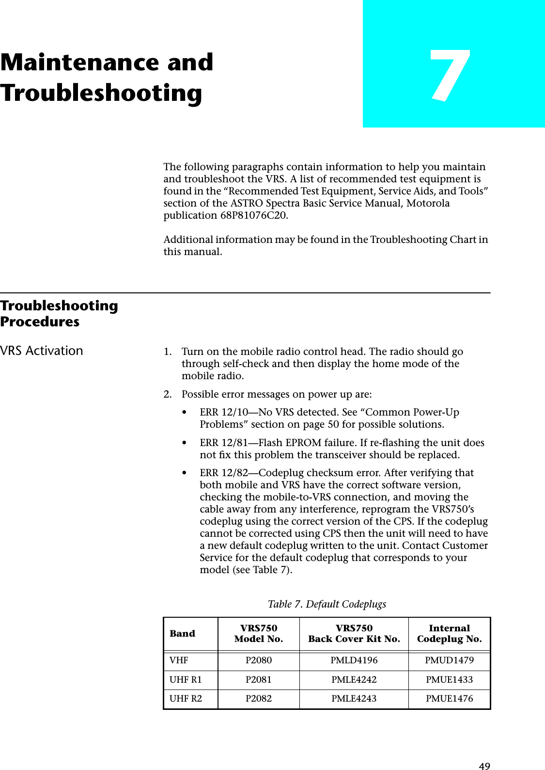 49Maintenance andTroubleshooting 7The following paragraphs contain information to help you maintain and troubleshoot the VRS. A list of recommended test equipment is found in the “Recommended Test Equipment, Service Aids, and Tools” section of the ASTRO Spectra Basic Service Manual, Motorola publication 68P81076C20.Additional information may be found in the Troubleshooting Chart in this manual.Troubleshooting ProceduresVRS Activation 1. Turn on the mobile radio control head. The radio should go through self-check and then display the home mode of the mobile radio.2. Possible error messages on power up are:• ERR 12/10—No VRS detected. See “Common Power-Up Problems” section on page 50 for possible solutions.• ERR 12/81—Flash EPROM failure. If re-ﬂashing the unit does not ﬁx this problem the transceiver should be replaced.• ERR 12/82—Codeplug checksum error. After verifying that both mobile and VRS have the correct software version, checking the mobile-to-VRS connection, and moving the cable away from any interference, reprogram the VRS750’s codeplug using the correct version of the CPS. If the codeplug cannot be corrected using CPS then the unit will need to have a new default codeplug written to the unit. Contact Customer Service for the default codeplug that corresponds to your model (see Table 7).Table 7. Default CodeplugsBand VRS750Model No.VRS750Back Cover Kit No.Internal Codeplug No.VHF P2080 PMLD4196 PMUD1479UHF R1 P2081 PMLE4242 PMUE1433UHF R2 P2082 PMLE4243 PMUE1476