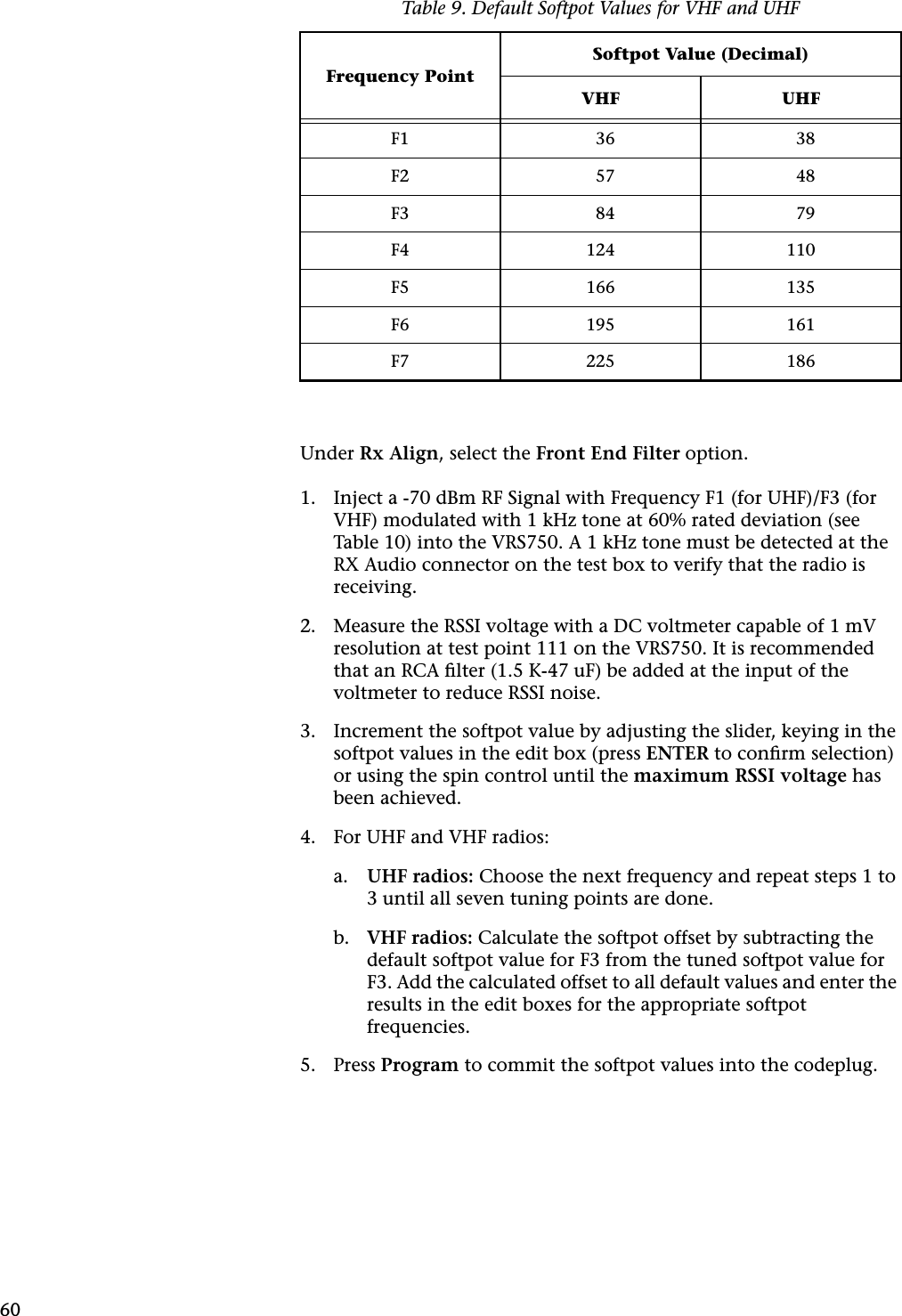 60Under Rx Align, select the Front End Filter option.1. Inject a -70 dBm RF Signal with Frequency F1 (for UHF)/F3 (for VHF) modulated with 1 kHz tone at 60% rated deviation (see Table 10) into the VRS750. A 1 kHz tone must be detected at the RX Audio connector on the test box to verify that the radio is receiving.2. Measure the RSSI voltage with a DC voltmeter capable of 1 mV resolution at test point 111 on the VRS750. It is recommended that an RCA ﬁlter (1.5 K-47 uF) be added at the input of the voltmeter to reduce RSSI noise.3. Increment the softpot value by adjusting the slider, keying in the softpot values in the edit box (press ENTER to conﬁrm selection) or using the spin control until the maximum RSSI voltage has been achieved.4. For UHF and VHF radios:a. UHF radios: Choose the next frequency and repeat steps 1 to 3 until all seven tuning points are done.b. VHF radios: Calculate the softpot offset by subtracting the default softpot value for F3 from the tuned softpot value for F3. Add the calculated offset to all default values and enter the results in the edit boxes for the appropriate softpot frequencies.5. Press Program to commit the softpot values into the codeplug.Table 9. Default Softpot Values for VHF and UHFFrequency PointSoftpot Value (Decimal)VHF UHFF1 36 38F2 57 48F3 84 79F4 124 110F5 166 135F6 195 161F7 225 186