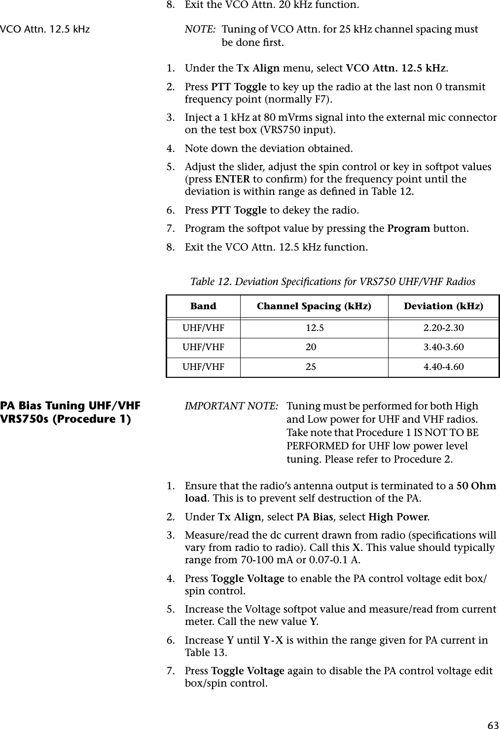 638. Exit the VCO Attn. 20 kHz function.VCO Attn. 12.5 kHz NOTE: Tuning of VCO Attn. for 25 kHz channel spacing must be done ﬁrst.1. Under the Tx Align menu, select VCO Attn. 12.5 kHz.2. Press PTT Toggle to key up the radio at the last non 0 transmit frequency point (normally F7).3. Inject a 1 kHz at 80 mVrms signal into the external mic connector on the test box (VRS750 input).4. Note down the deviation obtained.5. Adjust the slider, adjust the spin control or key in softpot values (press ENTER to conﬁrm) for the frequency point until the deviation is within range as deﬁned in Table 12.6. Press PTT Toggle to dekey the radio.7. Program the softpot value by pressing the Program button.8. Exit the VCO Attn. 12.5 kHz function.PA Bias Tuning UHF/VHF VRS750s (Procedure 1)IMPORTANT NOTE: Tuning must be performed for both High and Low power for UHF and VHF radios. Take note that Procedure 1 IS NOT TO BE PERFORMED for UHF low power level tuning. Please refer to Procedure 2.1. Ensure that the radio’s antenna output is terminated to a 50 Ohm load. This is to prevent self destruction of the PA.2. Under Tx Align, select PA Bias, select High Power.3. Measure/read the dc current drawn from radio (speciﬁcations will vary from radio to radio). Call this X. This value should typically range from 70-100 mA or 0.07-0.1 A.4. Press Toggle Voltage to enable the PA control voltage edit box/spin control.5. Increase the Voltage softpot value and measure/read from current meter. Call the new value Y.6. Increase Y until Y-X is within the range given for PA current in Table 13.7. Press Toggle Voltage again to disable the PA control voltage edit box/spin control.Table 12. Deviation Speciﬁcations for VRS750 UHF/VHF RadiosBand Channel Spacing (kHz) Deviation (kHz)UHF/VHF 12.5 2.20-2.30UHF/VHF 20 3.40-3.60UHF/VHF 25 4.40-4.60