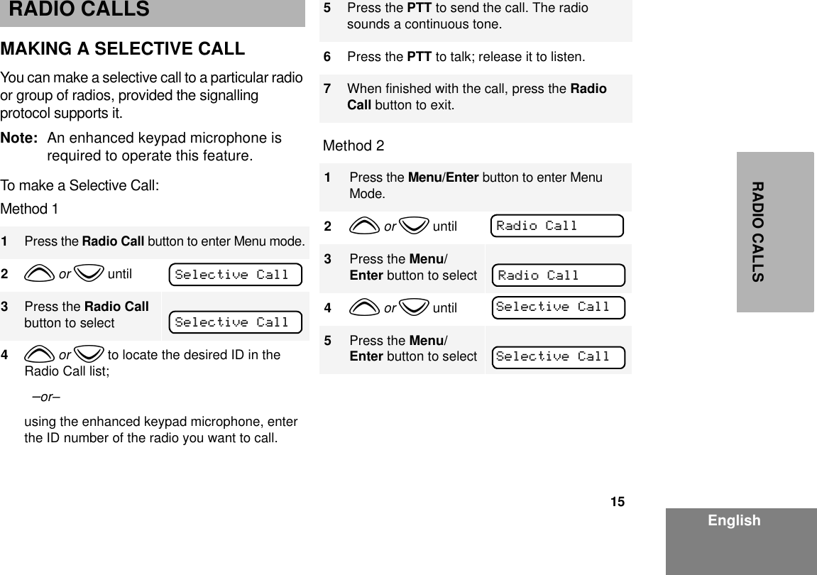 15EnglishRADIO CALLSRADIO CALLSMAKING A SELECTIVE CALLYou can make a selective call to a particular radio or group of radios, provided the signalling protocol supports it. Note: An enhanced keypad microphone is required to operate this feature.To make a Selective Call:Method 1Method 21Press the Radio Call button to enter Menu mode.2y or z until3Press the Radio Call button to select4y or z to locate the desired ID in the Radio Call list;  –or– using the enhanced keypad microphone, enter the ID number of the radio you want to call.Selective CallSelective Call5Press the PTT to send the call. The radio sounds a continuous tone.6Press the PTT to talk; release it to listen.7When finished with the call, press the Radio Call button to exit.1Press the Menu/Enter button to enter Menu Mode.2y or z until3Press the Menu/Enter button to select4y or z until5Press the Menu/Enter button to selectRadio CallRadio CallSelective CallSelective Call
