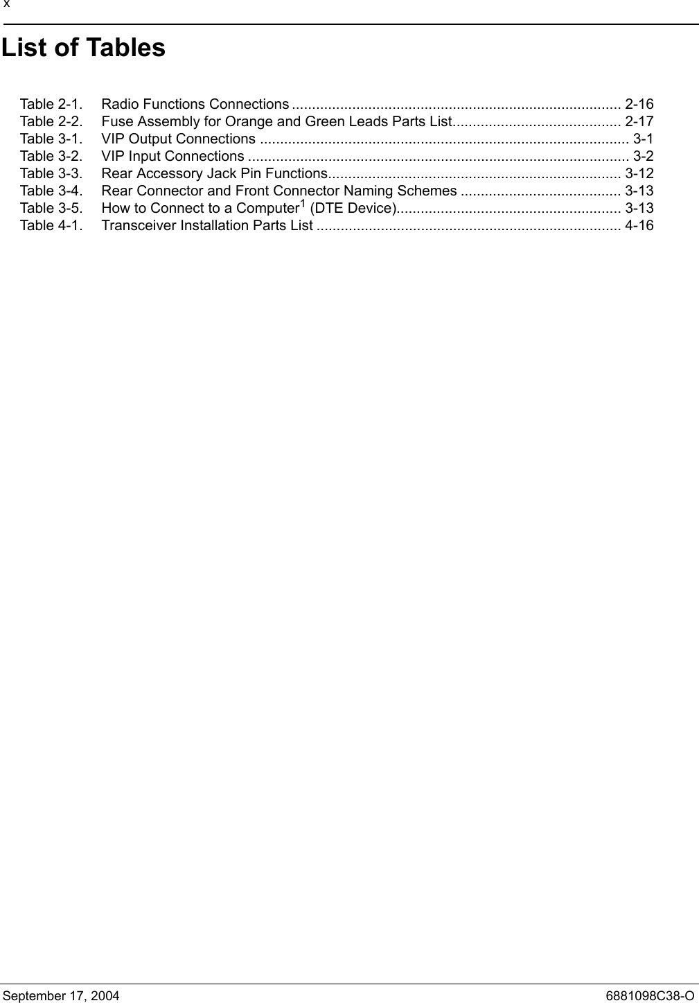 xSeptember 17, 2004 6881098C38-OList of TablesTable 2-1. Radio Functions Connections .................................................................................. 2-16Table 2-2. Fuse Assembly for Orange and Green Leads Parts List.......................................... 2-17Table 3-1. VIP Output Connections ............................................................................................ 3-1Table 3-2. VIP Input Connections ............................................................................................... 3-2Table 3-3. Rear Accessory Jack Pin Functions......................................................................... 3-12Table 3-4. Rear Connector and Front Connector Naming Schemes ........................................ 3-13Table 3-5. How to Connect to a Computer1 (DTE Device)........................................................ 3-13Table 4-1. Transceiver Installation Parts List ............................................................................ 4-16