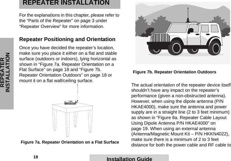             18REPEATER INSTALLATIONInstallation GuideREPEATER INSTALLATIONFor the explanations in this chapter, please refer to the “Parts of the Repeater” on page 3 under “Repeater Overview” for more information.Repeater Positioning and OrientationOnce you have decided the repeater’s location, make sure you place it either on a flat and stable surface (outdoors or indoors), lying horizontal as shown in “Figure 7a. Repeater Orientation on a Flat Surface” on page 18 and “Figure 7b. Repeater Orientation Outdoors” on page 18 or mount it on a flat wall/ceiling surface. The actual orientation of the repeater device itself shouldn’t have any impact on the repeater’s performance (given a non-obstructed antenna). However, when using the dipole antenna (P/N HKAE4000), make sure the antenna and power supply are in a straight line (2 to 3 feet minimum) as shown in “Figure 8a. Repeater Cable Layout Using Dipole Antenna P/N HKAE4000” on page 19. When using an external antenna (Antenna/Magnetic Mount Kit – P/N HKKN4022), make sure there is a minimum of 2 to 3 feet distance for both the power cable and RF cable to Figure 7a. Repeater Orientation on a Flat SurfaceFigure 7b. Repeater Orientation Outdoors