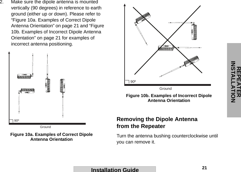 REPEATER INSTALLATION                                                                                                                                                           21Installation Guide2. Make sure the dipole antenna is mounted vertically (90 degrees) in reference to earth ground (either up or down). Please refer to “Figure 10a. Examples of Correct Dipole Antenna Orientation” on page 21 and “Figure 10b. Examples of Incorrect Dipole Antenna Orientation” on page 21 for examples of incorrect antenna positioning.Removing the Dipole Antenna from the RepeaterTurn the antenna bushing counterclockwise until you can remove it.  Ground90ºFigure 10a. Examples of Correct Dipole Antenna Orientation Ground90ºFigure 10b. Examples of Incorrect Dipole Antenna Orientation 