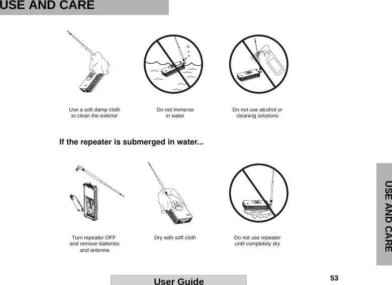 USE AND CARE                                                                                                                                                           53User GuideUSE AND CAREUse a soft damp clothto clean the exterior Do not immersein water Do not use alcohol orcleaning solutionsTurn repeater OFF and remove batteriesand antennaDry with soft cloth Do not use repeateruntil completely dryIf the repeater is submerged in water...