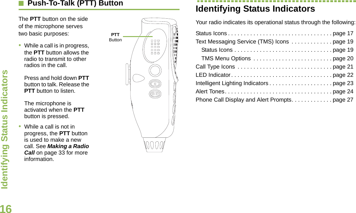 Identifying Status IndicatorsEnglish16Push-To-Talk (PTT) ButtonThe PTT button on the side of the microphone serves two basic purposes:•While a call is in progress, the PTT button allows the radio to transmit to other radios in the call.Press and hold down PTT button to talk. Release the PTT button to listen.The microphone is activated when the PTT button is pressed.•While a call is not in progress, the PTT button is used to make a new call. See Making a Radio Call on page 33 for more information.Identifying Status IndicatorsYour radio indicates its operational status through the following:Status Icons . . . . . . . . . . . . . . . . . . . . . . . . . . . . . . . . . page 17Text Messaging Service (TMS) Icons  . . . . . . . . . . . . . page 19Status Icons . . . . . . . . . . . . . . . . . . . . . . . . . . . . . . . page 19TMS Menu Options  . . . . . . . . . . . . . . . . . . . . . . . . . page 20Call Type Icons  . . . . . . . . . . . . . . . . . . . . . . . . . . . . . . page 21LED Indicator. . . . . . . . . . . . . . . . . . . . . . . . . . . . . . . . page 22Intelligent Lighting Indicators . . . . . . . . . . . . . . . . . . . . page 23Alert Tones. . . . . . . . . . . . . . . . . . . . . . . . . . . . . . . . . . page 24Phone Call Display and Alert Prompts. . . . . . . . . . . . . page 27PTT Button