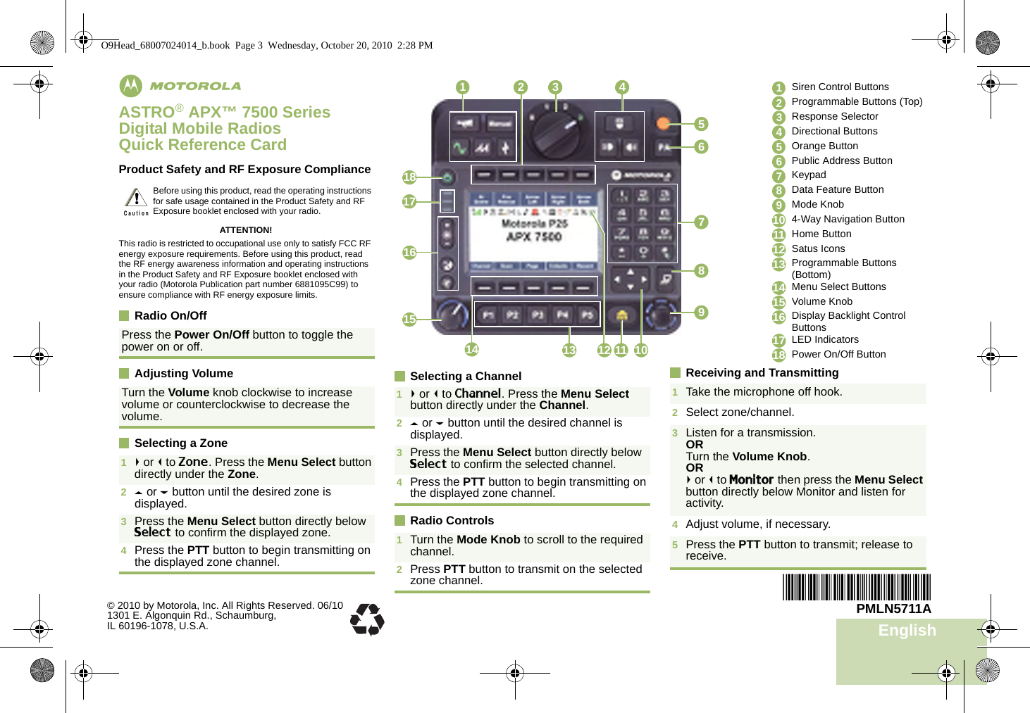 EnglishmASTRO® APX™ 7500 Series Digital Mobile RadiosQuick Reference CardProduct Safety and RF Exposure ComplianceATTENTION!This radio is restricted to occupational use only to satisfy FCC RF energy exposure requirements. Before using this product, read the RF energy awareness information and operating instructions in the Product Safety and RF Exposure booklet enclosed with your radio (Motorola Publication part number 6881095C99) to ensure compliance with RF energy exposure limits. Radio On/OffAdjusting VolumeSelecting a ZoneSelecting a ChannelRadio ControlsReceiving and TransmittingBefore using this product, read the operating instructions for safe usage contained in the Product Safety and RF Exposure booklet enclosed with your radio.Press the Power On/Off button to toggle the power on or off.Turn the Volume knob clockwise to increase volume or counterclockwise to decrease the volume.1&gt; or &lt; to Zone. Press the Menu Select button directly under the Zone. 2U or D button until the desired zone is displayed.3Press the Menu Select button directly below Select to confirm the displayed zone. 4Press the PTT button to begin transmitting on the displayed zone channel.!C a u t i o n1&gt; or &lt; to Channel. Press the Menu Select button directly under the Channel. 2U or D button until the desired channel is displayed.3Press the Menu Select button directly below Select to confirm the selected channel.4Press the PTT button to begin transmitting on the displayed zone channel.1Turn the Mode Knob to scroll to the required channel. 2Press PTT button to transmit on the selected zone channel.5412 3678911 1012131415161718Siren Control ButtonsProgrammable Buttons (Top)Response SelectorDirectional ButtonsOrange ButtonPublic Address ButtonKeypadData Feature ButtonMode Knob4-Way Navigation ButtonHome ButtonSatus IconsProgrammable Buttons (Bottom)Menu Select ButtonsVolume KnobDisplay Backlight Control ButtonsLED IndicatorsPower On/Off Button1Take the microphone off hook.2Select zone/channel.3Listen for a transmission.ORTurn the Volume Knob.OR&gt; or &lt; to Monitor then press the Menu Select button directly below Monitor and listen for activity.4Adjust volume, if necessary.5Press the PTT button to transmit; release to receive.123456789101112131415161718© 2010 by Motorola, Inc. All Rights Reserved. 06/101301 E. Algonquin Rd., Schaumburg,IL 60196-1078, U.S.A.*PMLN5711A*PMLN5711AO9Head_68007024014_b.book  Page 3  Wednesday, October 20, 2010  2:28 PM