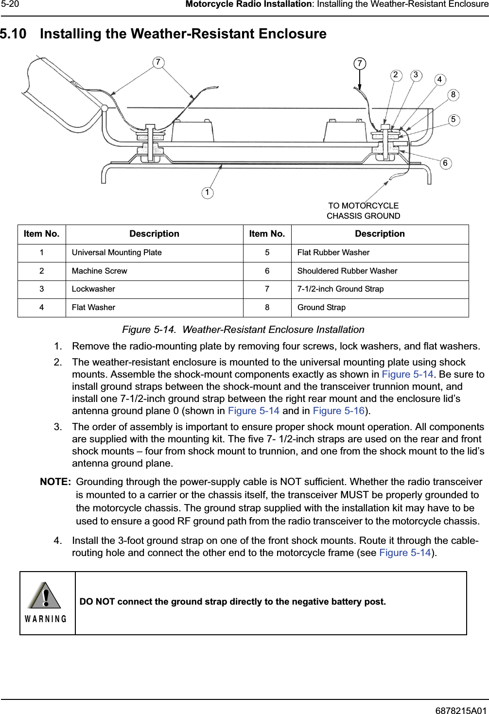 6878215A015-20 Motorcycle Radio Installation: Installing the Weather-Resistant Enclosure5.10 Installing the Weather-Resistant EnclosureFigure 5-14.  Weather-Resistant Enclosure Installation1. Remove the radio-mounting plate by removing four screws, lock washers, and flat washers.2. The weather-resistant enclosure is mounted to the universal mounting plate using shock mounts. Assemble the shock-mount components exactly as shown in Figure 5-14. Be sure to install ground straps between the shock-mount and the transceiver trunnion mount, and install one 7-1/2-inch ground strap between the right rear mount and the enclosure lid’s antenna ground plane 0 (shown in Figure 5-14 and in Figure 5-16).3. The order of assembly is important to ensure proper shock mount operation. All components are supplied with the mounting kit. The five 7- 1/2-inch straps are used on the rear and front shock mounts – four from shock mount to trunnion, and one from the shock mount to the lid’s antenna ground plane. NOTE: Grounding through the power-supply cable is NOT sufficient. Whether the radio transceiver is mounted to a carrier or the chassis itself, the transceiver MUST be properly grounded to the motorcycle chassis. The ground strap supplied with the installation kit may have to be used to ensure a good RF ground path from the radio transceiver to the motorcycle chassis.   4. Install the 3-foot ground strap on one of the front shock mounts. Route it through the cable-routing hole and connect the other end to the motorcycle frame (see Figure 5-14).DO NOT connect the ground strap directly to the negative battery post.71723 4856TO MOTORCYCLECHASSIS GROUNDItem No. Description Item No. Description1 Universal Mounting Plate 5 Flat Rubber Washer2 Machine Screw 6 Shouldered Rubber Washer3 Lockwasher 7 7-1/2-inch Ground Strap4 Flat Washer 8 Ground Strap!W A R N I N G!