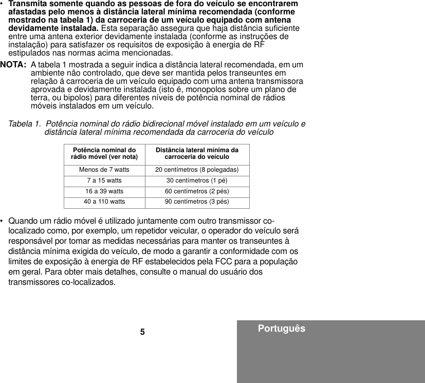 5Português•Transmita somente quando as pessoas de fora do veículo se encontrarem afastadas pelo menos à distância lateral mínima recomendada (conforme mostrado na tabela 1) da carroceria de um veículo equipado com antena devidamente instalada. Esta separação assegura que haja distância suficiente entre uma antena exterior devidamente instalada (conforme as instruções de instalação) para satisfazer os requisitos de exposição à energia de RF estipulados nas normas acima mencionadas.NOTA: A tabela 1 mostrada a seguir indica a distância lateral recomendada, em um ambiente não controlado, que deve ser mantida pelos transeuntes em relação á carroceria de um veículo equipado com uma antena transmissora aprovada e devidamente instalada (isto é, monopolos sobre um plano de terra, ou bipolos) para diferentes níveis de potência nominal de rádios móveis instalados em um veículo.• Quando um rádio móvel é utilizado juntamente com outro transmissor co-localizado como, por exemplo, um repetidor veicular, o operador do veículo será responsável por tomar as medidas necessárias para manter os transeuntes à distância mínima exigida do veículo, de modo a garantir a conformidade com os limites de exposição à energia de RF estabelecidos pela FCC para a população em geral. Para obter mais detalhes, consulte o manual do usuário dos transmissores co-localizados.Tabela 1.  Potência nominal do rádio bidirecional móvel instalado em um veículo e  distância lateral mínima recomendada da carroceria do veículoPotência nominal do rádio móvel (ver nota) Distância lateral mínima da carroceria do veículoMenos de 7 watts 20 centímetros (8 polegadas)7 a 15 watts 30 centímetros (1 pé)16 a 39 watts 60 centímetros (2 pés)40 a 110 watts 90 centímetros (3 pés)