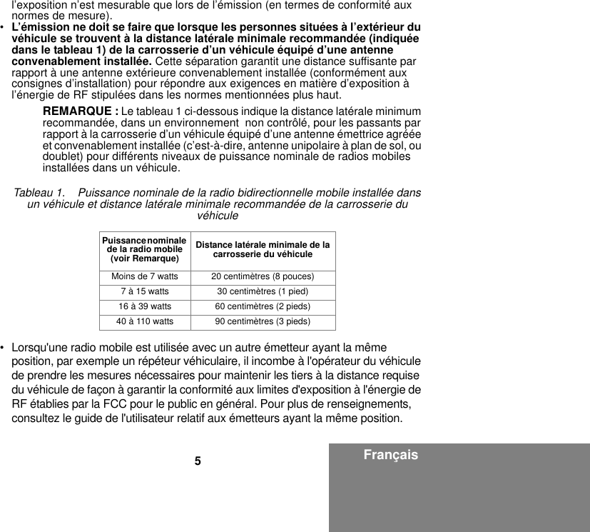 5Françaisl’exposition n’est mesurable que lors de l’émission (en termes de conformité aux normes de mesure).•L’émission ne doit se faire que lorsque les personnes situées à l’extérieur du véhicule se trouvent à la distance latérale minimale recommandée (indiquée dans le tableau 1) de la carrosserie d’un véhicule équipé d’une antenne convenablement installée. Cette séparation garantit une distance suffisante par rapport à une antenne extérieure convenablement installée (conformément aux consignes d’installation) pour répondre aux exigences en matière d’exposition à l’énergie de RF stipulées dans les normes mentionnées plus haut.REMARQUE : Le tableau 1 ci-dessous indique la distance latérale minimum recommandée, dans un environnement  non contrôlé, pour les passants par rapport à la carrosserie d’un véhicule équipé d’une antenne émettrice agréée et convenablement installée (c’est-à-dire, antenne unipolaire à plan de sol, ou doublet) pour différents niveaux de puissance nominale de radios mobiles installées dans un véhicule.• Lorsqu&apos;une radio mobile est utilisée avec un autre émetteur ayant la même position, par exemple un répéteur véhiculaire, il incombe à l&apos;opérateur du véhicule de prendre les mesures nécessaires pour maintenir les tiers à la distance requise du véhicule de façon à garantir la conformité aux limites d&apos;exposition à l&apos;énergie de RF établies par la FCC pour le public en général. Pour plus de renseignements, consultez le guide de l&apos;utilisateur relatif aux émetteurs ayant la même position.Tableau 1.    Puissance nominale de la radio bidirectionnelle mobile installée dans un véhicule et distance latérale minimale recommandée de la carrosserie du véhiculePuissance nominale de la radio mobile (voir Remarque)Distance latérale minimale de la carrosserie du véhiculeMoins de 7 watts 20 centimètres (8 pouces)7 à 15 watts 30 centimètres (1 pied)16 à 39 watts 60 centimètres (2 pieds)40 à 110 watts 90 centimètres (3 pieds)