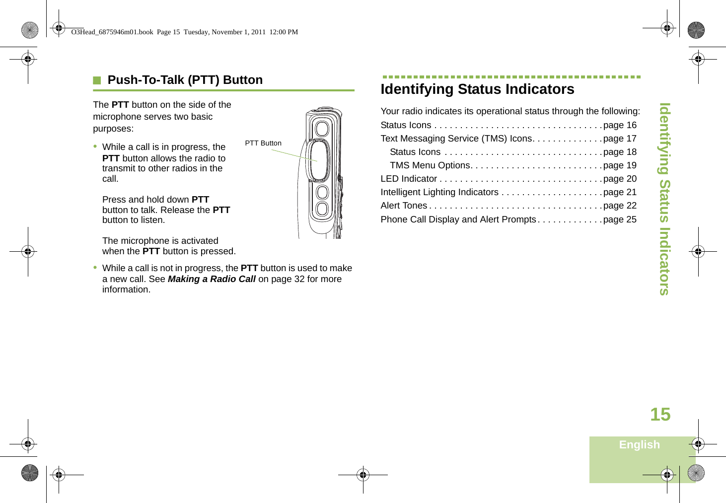 Identifying Status IndicatorsEnglish15Push-To-Talk (PTT) Button    The PTT button on the side of the microphone serves two basic purposes:     •While a call is in progress, the PTT button allows the radio to transmit to other radios in the call.Press and hold down PTT button to talk. Release the PTT button to listen.The microphone is activated when the PTT button is pressed.•While a call is not in progress, the PTT button is used to make a new call. See Making a Radio Call on page 32 for more information.Identifying Status IndicatorsYour radio indicates its operational status through the following:Status Icons . . . . . . . . . . . . . . . . . . . . . . . . . . . . . . . . .page 16Text Messaging Service (TMS) Icons. . . . . . . . . . . . . .page 17Status Icons . . . . . . . . . . . . . . . . . . . . . . . . . . . . . . .page 18TMS Menu Options. . . . . . . . . . . . . . . . . . . . . . . . . .page 19LED Indicator . . . . . . . . . . . . . . . . . . . . . . . . . . . . . . . .page 20Intelligent Lighting Indicators . . . . . . . . . . . . . . . . . . . .page 21Alert Tones . . . . . . . . . . . . . . . . . . . . . . . . . . . . . . . . . .page 22Phone Call Display and Alert Prompts . . . . . . . . . . . . .page 25 PTT ButtonO3Head_6875946m01.book  Page 15  Tuesday, November 1, 2011  12:00 PM