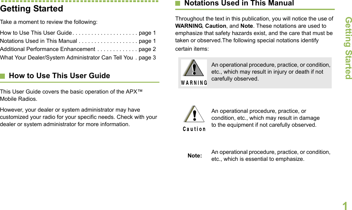 Getting StartedEnglish1Getting StartedTake a moment to review the following:How to Use This User Guide. . . . . . . . . . . . . . . . . . . . . page 1Notations Used in This Manual . . . . . . . . . . . . . . . . . . . page 1Additional Performance Enhancement . . . . . . . . . . . . . page 2What Your Dealer/System Administrator Can Tell You . page 3How to Use This User GuideThis User Guide covers the basic operation of the APX™ Mobile Radios.However, your dealer or system administrator may have customized your radio for your specific needs. Check with your dealer or system administrator for more information.Notations Used in This ManualThroughout the text in this publication, you will notice the use of WARNING, Caution, and Note. These notations are used to emphasize that safety hazards exist, and the care that must be taken or observed.The following special notations identify certain items:An operational procedure, practice, or condition, etc., which may result in injury or death if not carefully observed.An operational procedure, practice, or condition, etc., which may result in damage to the equipment if not carefully observed.Note: An operational procedure, practice, or condition, etc., which is essential to emphasize.!W A R N I N G!!