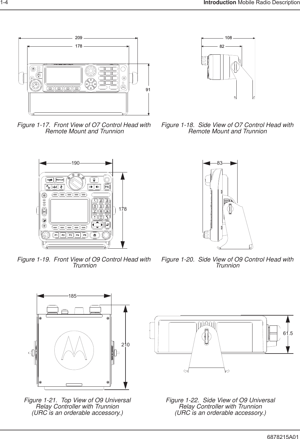 6878215A011-4 Introduction Mobile Radio DescriptionFigure 1-17.  Front View of O7 Control Head with Remote Mount and Trunnion Figure 1-18.  Side View of O7 Control Head with Remote Mount and TrunnionFigure 1-19.  Front View of O9 Control Head with Trunnion Figure 1-20.  Side View of O9 Control Head with TrunnionFigure 1-21.  Top View of O9 UniversalRelay Controller with Trunnion(URC is an orderable accessory.)Figure 1-22.  Side View of O9 UniversalRelay Controller with Trunnion(URC is an orderable accessory.)2091789110882178190 8318521061.5