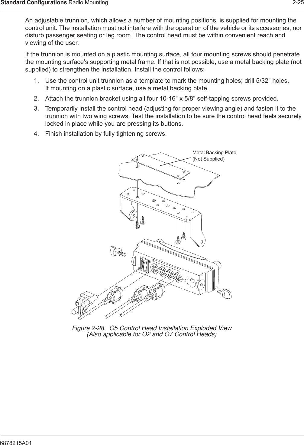 6878215A01Standard Configurations Radio Mounting 2-25An adjustable trunnion, which allows a number of mounting positions, is supplied for mounting the control unit. The installation must not interfere with the operation of the vehicle or its accessories, nor disturb passenger seating or leg room. The control head must be within convenient reach and viewing of the user.If the trunnion is mounted on a plastic mounting surface, all four mounting screws should penetrate the mounting surface’s supporting metal frame. If that is not possible, use a metal backing plate (not supplied) to strengthen the installation. Install the control follows:1. Use the control unit trunnion as a template to mark the mounting holes; drill 5/32&quot; holes. If mounting on a plastic surface, use a metal backing plate.2. Attach the trunnion bracket using all four 10-16&quot; x 5/8&quot; self-tapping screws provided.3. Temporarily install the control head (adjusting for proper viewing angle) and fasten it to the trunnion with two wing screws. Test the installation to be sure the control head feels securely locked in place while you are pressing its buttons.4. Finish installation by fully tightening screws.Figure 2-28.  O5 Control Head Installation Exploded View (Also applicable for O2 and O7 Control Heads)Metal Backing Plate (Not Supplied)