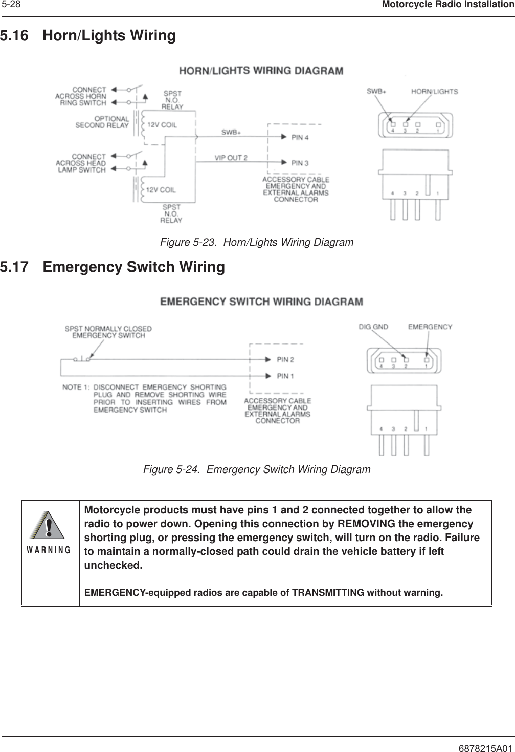 6878215A015-28 Motorcycle Radio Installation5.16 Horn/Lights WiringFigure 5-23.  Horn/Lights Wiring Diagram5.17 Emergency Switch WiringFigure 5-24.  Emergency Switch Wiring DiagramMotorcycle products must have pins 1 and 2 connected together to allow the radio to power down. Opening this connection by REMOVING the emergency shorting plug, or pressing the emergency switch, will turn on the radio. Failure to maintain a normally-closed path could drain the vehicle battery if left unchecked.EMERGENCY-equipped radios are capable of TRANSMITTING without warning.!W A R N I N G!