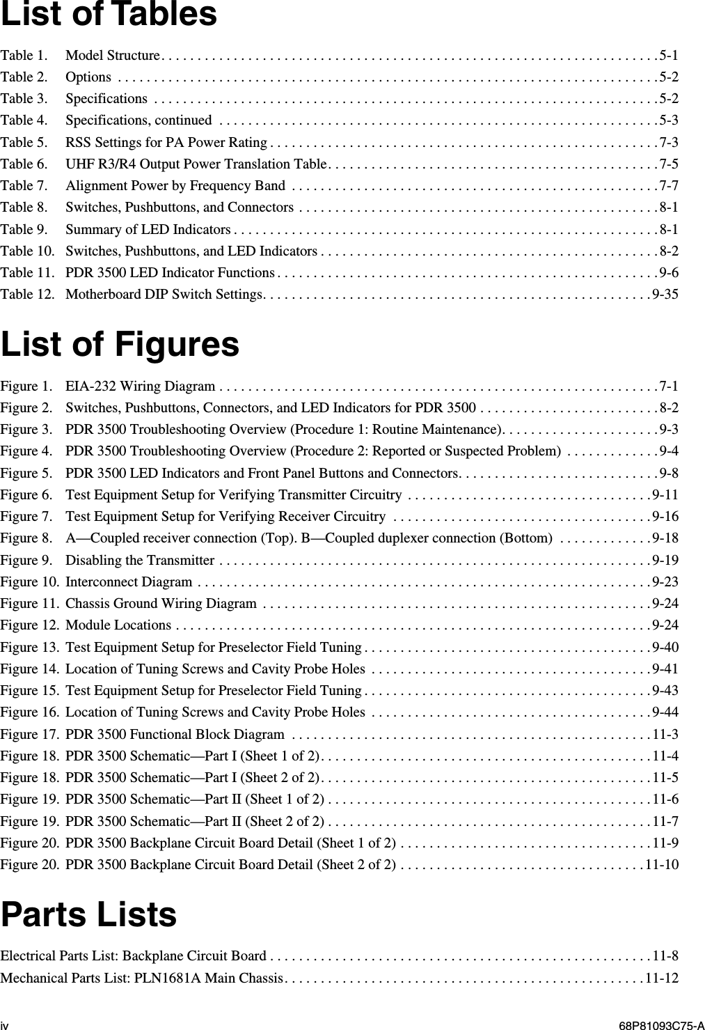  iv 68P81093C75-A List of Tables Table 1. Model Structure. . . . . . . . . . . . . . . . . . . . . . . . . . . . . . . . . . . . . . . . . . . . . . . . . . . . . . . . . . . . . . . . . . . . .5-1Table 2. Options  . . . . . . . . . . . . . . . . . . . . . . . . . . . . . . . . . . . . . . . . . . . . . . . . . . . . . . . . . . . . . . . . . . . . . . . . . . .5-2Table 3. Specifications  . . . . . . . . . . . . . . . . . . . . . . . . . . . . . . . . . . . . . . . . . . . . . . . . . . . . . . . . . . . . . . . . . . . . . .5-2Table 4. Specifications, continued  . . . . . . . . . . . . . . . . . . . . . . . . . . . . . . . . . . . . . . . . . . . . . . . . . . . . . . . . . . . . .5-3Table 5. RSS Settings for PA Power Rating . . . . . . . . . . . . . . . . . . . . . . . . . . . . . . . . . . . . . . . . . . . . . . . . . . . . . .7-3Table 6. UHF R3/R4 Output Power Translation Table. . . . . . . . . . . . . . . . . . . . . . . . . . . . . . . . . . . . . . . . . . . . . .7-5Table 7. Alignment Power by Frequency Band  . . . . . . . . . . . . . . . . . . . . . . . . . . . . . . . . . . . . . . . . . . . . . . . . . . .7-7Table 8. Switches, Pushbuttons, and Connectors . . . . . . . . . . . . . . . . . . . . . . . . . . . . . . . . . . . . . . . . . . . . . . . . . .8-1Table 9. Summary of LED Indicators . . . . . . . . . . . . . . . . . . . . . . . . . . . . . . . . . . . . . . . . . . . . . . . . . . . . . . . . . . .8-1Table 10. Switches, Pushbuttons, and LED Indicators . . . . . . . . . . . . . . . . . . . . . . . . . . . . . . . . . . . . . . . . . . . . . . .8-2Table 11. PDR 3500 LED Indicator Functions . . . . . . . . . . . . . . . . . . . . . . . . . . . . . . . . . . . . . . . . . . . . . . . . . . . . .9-6Table 12. Motherboard DIP Switch Settings. . . . . . . . . . . . . . . . . . . . . . . . . . . . . . . . . . . . . . . . . . . . . . . . . . . . . .9-35 List of Figures Figure 1. EIA-232 Wiring Diagram . . . . . . . . . . . . . . . . . . . . . . . . . . . . . . . . . . . . . . . . . . . . . . . . . . . . . . . . . . . . .7-1Figure 2. Switches, Pushbuttons, Connectors, and LED Indicators for PDR 3500 . . . . . . . . . . . . . . . . . . . . . . . . .8-2Figure 3. PDR 3500 Troubleshooting Overview (Procedure 1: Routine Maintenance). . . . . . . . . . . . . . . . . . . . . .9-3Figure 4. PDR 3500 Troubleshooting Overview (Procedure 2: Reported or Suspected Problem)  . . . . . . . . . . . . .9-4Figure 5. PDR 3500 LED Indicators and Front Panel Buttons and Connectors. . . . . . . . . . . . . . . . . . . . . . . . . . . . 9-8Figure 6. Test Equipment Setup for Verifying Transmitter Circuitry . . . . . . . . . . . . . . . . . . . . . . . . . . . . . . . . . . 9-11Figure 7. Test Equipment Setup for Verifying Receiver Circuitry  . . . . . . . . . . . . . . . . . . . . . . . . . . . . . . . . . . . .9-16Figure 8. A—Coupled receiver connection (Top). B—Coupled duplexer connection (Bottom)  . . . . . . . . . . . . .9-18Figure 9. Disabling the Transmitter . . . . . . . . . . . . . . . . . . . . . . . . . . . . . . . . . . . . . . . . . . . . . . . . . . . . . . . . . . . .9-19Figure 10. Interconnect Diagram . . . . . . . . . . . . . . . . . . . . . . . . . . . . . . . . . . . . . . . . . . . . . . . . . . . . . . . . . . . . . . .9-23Figure 11. Chassis Ground Wiring Diagram  . . . . . . . . . . . . . . . . . . . . . . . . . . . . . . . . . . . . . . . . . . . . . . . . . . . . . .9-24Figure 12. Module Locations . . . . . . . . . . . . . . . . . . . . . . . . . . . . . . . . . . . . . . . . . . . . . . . . . . . . . . . . . . . . . . . . . .9-24Figure 13. Test Equipment Setup for Preselector Field Tuning . . . . . . . . . . . . . . . . . . . . . . . . . . . . . . . . . . . . . . . .9-40Figure 14. Location of Tuning Screws and Cavity Probe Holes  . . . . . . . . . . . . . . . . . . . . . . . . . . . . . . . . . . . . . . .9-41Figure 15. Test Equipment Setup for Preselector Field Tuning . . . . . . . . . . . . . . . . . . . . . . . . . . . . . . . . . . . . . . . .9-43Figure 16. Location of Tuning Screws and Cavity Probe Holes  . . . . . . . . . . . . . . . . . . . . . . . . . . . . . . . . . . . . . . .9-44Figure 17. PDR 3500 Functional Block Diagram  . . . . . . . . . . . . . . . . . . . . . . . . . . . . . . . . . . . . . . . . . . . . . . . . . .11-3Figure 18. PDR 3500 Schematic—Part I (Sheet 1 of 2). . . . . . . . . . . . . . . . . . . . . . . . . . . . . . . . . . . . . . . . . . . . . .11-4Figure 18. PDR 3500 Schematic—Part I (Sheet 2 of 2). . . . . . . . . . . . . . . . . . . . . . . . . . . . . . . . . . . . . . . . . . . . . .11-5Figure 19. PDR 3500 Schematic—Part II (Sheet 1 of 2) . . . . . . . . . . . . . . . . . . . . . . . . . . . . . . . . . . . . . . . . . . . . .11-6Figure 19. PDR 3500 Schematic—Part II (Sheet 2 of 2) . . . . . . . . . . . . . . . . . . . . . . . . . . . . . . . . . . . . . . . . . . . . .11-7Figure 20. PDR 3500 Backplane Circuit Board Detail (Sheet 1 of 2) . . . . . . . . . . . . . . . . . . . . . . . . . . . . . . . . . . .11-9Figure 20. PDR 3500 Backplane Circuit Board Detail (Sheet 2 of 2) . . . . . . . . . . . . . . . . . . . . . . . . . . . . . . . . . .11-10 Parts Lists Electrical Parts List: Backplane Circuit Board . . . . . . . . . . . . . . . . . . . . . . . . . . . . . . . . . . . . . . . . . . . . . . . . . . . . .11-8Mechanical Parts List: PLN1681A Main Chassis. . . . . . . . . . . . . . . . . . . . . . . . . . . . . . . . . . . . . . . . . . . . . . . . . .11-12
