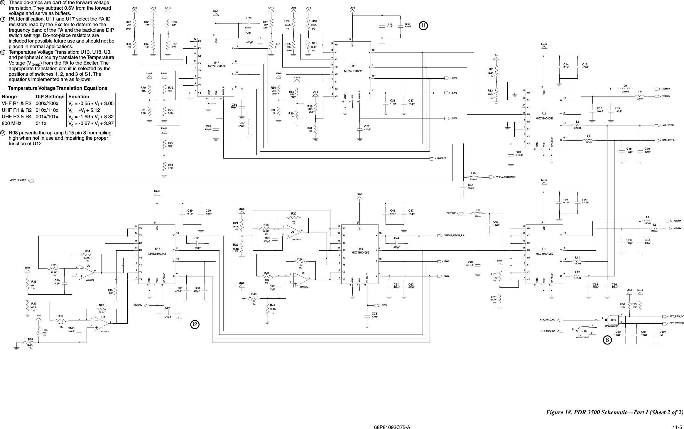  68P81093C75-A  11-5 Figure 18. PDR 3500 Schematic—Part I (Sheet 2 of 2)DNPDNPDNPDNPDNPDNPLN+51%10KR481%5.62KR1020KR89LN+5MC74HC132ADU16456C37470pF470pFLN+5LN+50.1uFC90X311 Y3Y01Y15Y22Y34C89ENABLE*6GND816VCCVEE7X13X012X114X2150U1MC74HC40528A10B9100pFR58C1920KR65R5320K20KR29R281KX311 Y3Y015Y1Y22Y346ENABLE*GND816VCC7VEEX13X012X114X215U1MC74HC40521A10B9C35C66470pF100pF 100pFC65L3C430.22uF220nH16.2KR371%LN+5LN+5C70100pF100pFC71100pFC721%R3427.4KC91470pF220nHL7220nHL6L5L4220nH100pF220nHLN+5C23C80100pF0.1uFC340R2720KR251%MC33074U3131214C640.22uF10KR471%R3610K18.2KR191%470pFC93C92470pF470pFC94220nHL11020KR30R26C62470pF470pFLN+5C61470pFC44470pFC36R2010K1%R2210.5K1%A+0.1uFC14C17100pF4Y312 X014 X115 X211 X3 3Y1Y05Y12Y210A9BENABLE*68GNDVCC 167VEE13XLN+5U2MC74HC4052X311 Y3Y01Y15Y22Y34ENABLE*6GND816VCCVEE7X13X012X114X215C18U1MC74HC4052A10B91%100pF10.5KR4916.2KR211%C47C46470pF3Y1Y05Y12Y24Y30.1uF8GNDVCC 167VEE13X12 X014 X115 X211 X3U1MC74HC4052310A9B6ENABLE*100pFC16MC33074U3657LN+5LN+5C790.1uF14 X115 X211 X3 3Y1Y0Y152Y24Y310A9BENABLE*68GNDVCC 16VEE713X12 X0100pFC24U1MC74HC40527C63100pF470pFC88MC33074U39108L10220nH1%1%R4610KR9015K33.2KR241uFC107C86470pF470pFC87470pFC22470pFC150.1uFC21R6915K470pFLN+5C84100pFC401%R7510KLN+5LN+5LN+5LN+5R9220KR931KR911.5KLN+5R76L12220nHC7827.4K1%LN+5470pF2.7KR67LN+52.2KR661%R3516.2KR135.62K1%LN+51%R1216.2KLN+5LN+5100pFC811%R1132.4KR54 R5520KU16MC74HC132AD12320KC10822.1KR97231100pFMC33074U3C25470pFR73R711.5KR721.5K15KR7015KLN+5220nHL9LN+5L8220nH18KR681%R9518.2KLN+5R941%20KPTT_SWITCH1%R9633.2KPTT_REQ_INVPATEMPVFINALFORWARDY2MUXX2MUXY3MUXX3MUXBMUXCTRLAMUXCTRLSW3SW2SW1SW3INVVTEMP_FROM_PASW3INVSW1SW2SW3PTT_REQ_SCPTT_REQ_EX12118VFWD_XLATEDThese op-amps are part of the forward voltage translation. They subtract 0.6V from the forward voltage and serve as buffers.PA Identiﬁcation. U11 and U17 select the PA ID resistors read by the Exciter to determine the frequency band of the PA and the backplane DIP switch settings. Do-not-place resistors are included for possible future use and should not be placed in normal applications.Temperature Voltage Translation: U13, U18, U3, and peripheral circuitry translate the Temperature Voltage (Vtemp) from the PA to the Exciter. The appropriate translation circuit is selected by the positions of switches 1, 2, and 3 of S1. The equations implemented are as follows:R98 prevents the op-amp U15 pin 8 from railing high when not in use and impairing the proper function of U12.Temperature Voltage Translation EquationsRange DIP Settings EquationVHF R1 &amp; R2 000x/100x Vo = -0.55 • Vi + 3.05UHF R1 &amp; R2 010x/110x Vo = -Vi + 5.12UHF R3 &amp; R4 001x/101x Vo = -1.69 • Vi + 8.32800 MHz 011x Vo = -0.67 • Vi + 3.9710111213