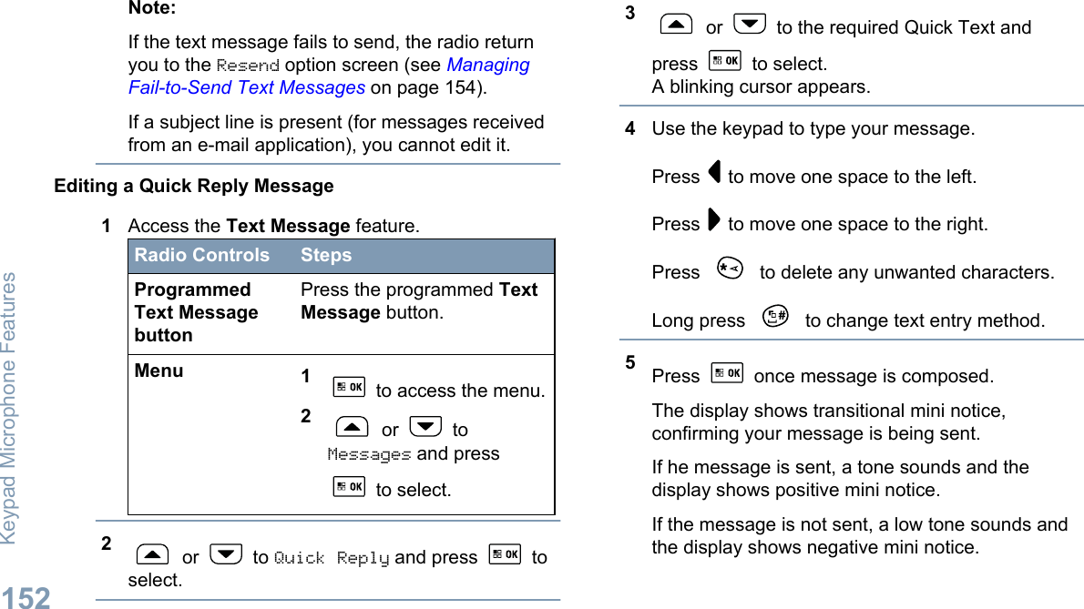 Note:If the text message fails to send, the radio returnyou to the Resend option screen (see ManagingFail-to-Send Text Messages on page 154).If a subject line is present (for messages receivedfrom an e-mail application), you cannot edit it.Editing a Quick Reply Message1Access the Text Message feature.Radio Controls StepsProgrammedText MessagebuttonPress the programmed TextMessage button.Menu 1 to access the menu.2 or   toMessages and press to select.2 or   to Quick Reply and press   toselect.3 or   to the required Quick Text andpress   to select.A blinking cursor appears.4Use the keypad to type your message.Press   to move one space to the left.Press   to move one space to the right.Press   to delete any unwanted characters.Long press   to change text entry method.5Press   once message is composed.The display shows transitional mini notice,confirming your message is being sent.If he message is sent, a tone sounds and thedisplay shows positive mini notice.If the message is not sent, a low tone sounds andthe display shows negative mini notice.Keypad Microphone Features152English