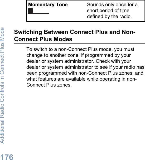 Momentary Tone Sounds only once for ashort period of timedefined by the radio.Switching Between Connect Plus and Non-Connect Plus ModesTo switch to a non-Connect Plus mode, you mustchange to another zone, if programmed by yourdealer or system administrator. Check with yourdealer or system administrator to see if your radio hasbeen programmed with non-Connect Plus zones, andwhat features are available while operating in non-Connect Plus zones.Additional Radio Controls in Connect Plus Mode176English