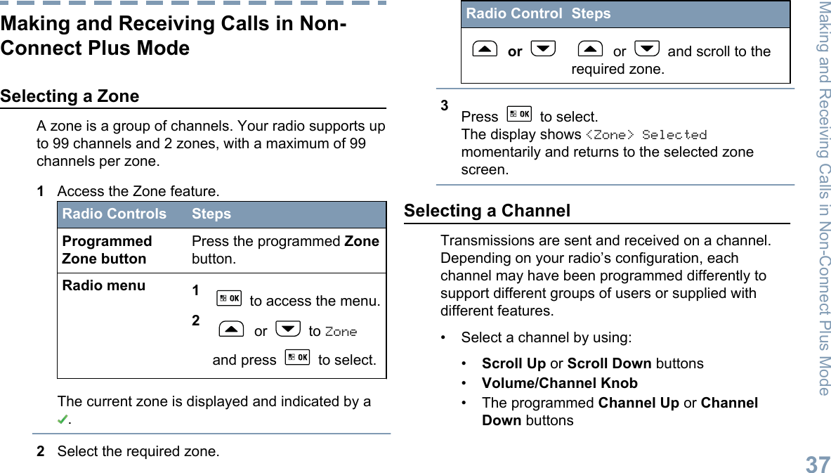 Making and Receiving Calls in Non-Connect Plus ModeSelecting a ZoneA zone is a group of channels. Your radio supports upto 99 channels and 2 zones, with a maximum of 99channels per zone.1Access the Zone feature.Radio Controls StepsProgrammedZone buttonPress the programmed Zonebutton.Radio menu 1 to access the menu.2 or   to Zoneand press   to select.The current zone is displayed and indicated by a.2Select the required zone.Radio Control Steps or   or   and scroll to therequired zone.3Press   to select.The display shows &lt;Zone&gt; Selectedmomentarily and returns to the selected zonescreen.Selecting a ChannelTransmissions are sent and received on a channel.Depending on your radio’s configuration, eachchannel may have been programmed differently tosupport different groups of users or supplied withdifferent features.• Select a channel by using:•Scroll Up or Scroll Down buttons•Volume/Channel Knob• The programmed Channel Up or ChannelDown buttonsMaking and Receiving Calls in Non-Connect Plus Mode37English