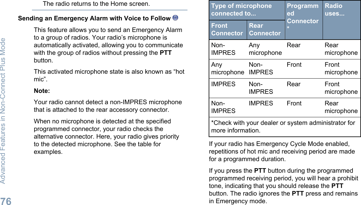 The radio returns to the Home screen.Sending an Emergency Alarm with Voice to Follow This feature allows you to send an Emergency Alarmto a group of radios. Your radio’s microphone isautomatically activated, allowing you to communicatewith the group of radios without pressing the PTTbutton.This activated microphone state is also known as “hotmic”.Note:Your radio cannot detect a non-IMPRES microphonethat is attached to the rear accessory connector.When no microphone is detected at the specifiedprogrammed connector, your radio checks thealternative connector. Here, your radio gives priorityto the detected microphone. See the table forexamples.Type of microphoneconnected to...ProgrammedConnector*Radiouses...FrontConnectorRearConnectorNon-IMPRESAnymicrophoneRear RearmicrophoneAnymicrophoneNon-IMPRESFront FrontmicrophoneIMPRES Non-IMPRESRear FrontmicrophoneNon-IMPRESIMPRES Front Rearmicrophone*Check with your dealer or system administrator formore information.If your radio has Emergency Cycle Mode enabled,repetitions of hot mic and receiving period are madefor a programmed duration.If you press the PTT button during the programmedprogrammed receiving period, you will hear a prohibittone, indicating that you should release the PTTbutton. The radio ignores the PTT press and remainsin Emergency mode.Advanced Features in Non-Connect Plus Mode76English
