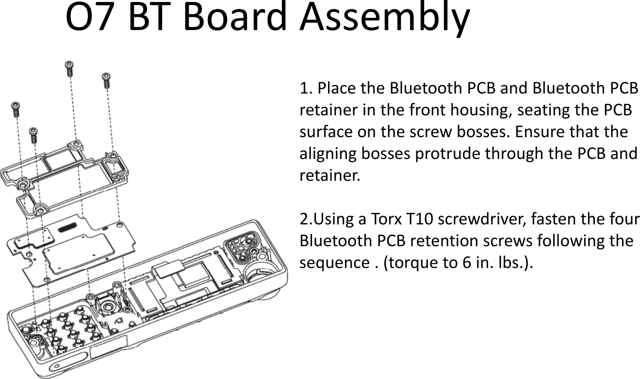 O7BTBoardAssemblyy1.PlacetheBluetoothPCBandBluetoothPCBretainer in the front housing, seating the PCBretainerinthefronthousing,seatingthePCBsurfaceonthescrewbosses.EnsurethatthealigningbossesprotrudethroughthePCBandretainer.2.UsingaTorxT10screwdriver,fastenthefourBluetoothPCBretentionscrewsfollowingthesequence.(torqueto6in.lbs.).q(q )