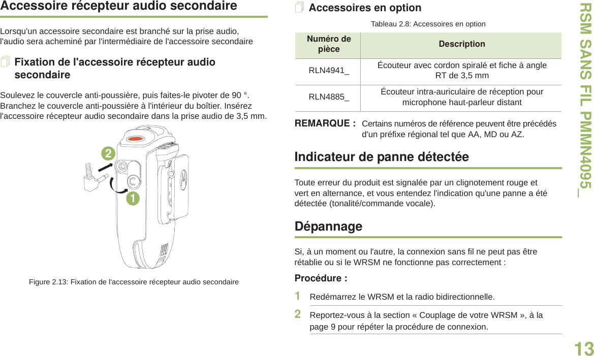 RSM SANS FIL PMMN4095_13Français canadienAccessoire récepteur audio secondaireLorsqu&apos;un accessoire secondaire est branché sur la prise audio, l&apos;audio sera acheminé par l&apos;intermédiaire de l&apos;accessoire secondaireFixation de l&apos;accessoire récepteur audio secondaireSoulevez le couvercle anti-poussière, puis faites-le pivoter de 90 °.Branchez le couvercle anti-poussière à l&apos;intérieur du boîtier. Insérez l&apos;accessoire récepteur audio secondaire dans la prise audio de 3,5 mm.Figure 2.13: Fixation de l&apos;accessoire récepteur audio secondaireAccessoires en optionREMARQUE : Certains numéros de référence peuvent être précédés d&apos;un préfixe régional tel que AA, MD ou AZ.Indicateur de panne détectéeToute erreur du produit est signalée par un clignotement rouge et vert en alternance, et vous entendez l&apos;indication qu&apos;une panne a été détectée (tonalité/commande vocale). DépannageSi, à un moment ou l&apos;autre, la connexion sans fil ne peut pas être rétablie ou si le WRSM ne fonctionne pas correctement :Procédure :1Redémarrez le WRSM et la radio bidirectionnelle. 2Reportez-vous à la section « Couplage de votre WRSM », à la page 9 pour répéter la procédure de connexion.12Tableau 2.8: Accessoires en optionNuméro de pièce DescriptionRLN4941_ Écouteur avec cordon spiralé et fiche à angle RT de 3,5 mmRLN4885_ Écouteur intra-auriculaire de réception pour microphone haut-parleur distant