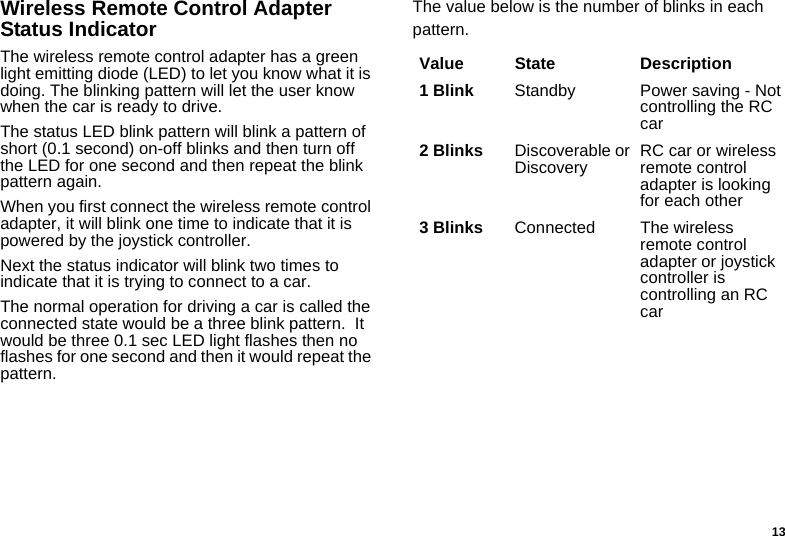 13Wireless Remote Control Adapter Status IndicatorThe wireless remote control adapter has a green light emitting diode (LED) to let you know what it is doing. The blinking pattern will let the user know when the car is ready to drive. The status LED blink pattern will blink a pattern of short (0.1 second) on-off blinks and then turn off the LED for one second and then repeat the blink pattern again. When you first connect the wireless remote control adapter, it will blink one time to indicate that it is powered by the joystick controller.Next the status indicator will blink two times to indicate that it is trying to connect to a car.The normal operation for driving a car is called the connected state would be a three blink pattern.  It would be three 0.1 sec LED light flashes then no flashes for one second and then it would repeat the pattern.The value below is the number of blinks in each pattern.Value State Description1 Blink Standby Power saving - Not controlling the RC car2 Blinks Discoverable or Discovery RC car or wireless remote control adapter is looking for each other3 Blinks Connected The wireless remote control adapter or joystick controller is controlling an RC car