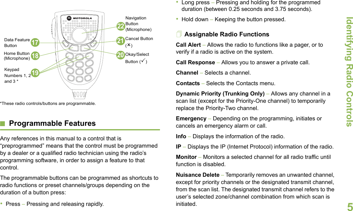 Identifying Radio ControlsEnglish5    Programmable Features Any references in this manual to a control that is “preprogrammed” means that the control must be programmed by a dealer or a qualified radio technician using the radio’s programming software, in order to assign a feature to that control.The programmable buttons can be programmed as shortcuts to radio functions or preset channels/groups depending on the duration of a button press:•Press – Pressing and releasing rapidly.•Long press – Pressing and holding for the programmed duration (between 0.25 seconds and 3.75 seconds).•Hold down – Keeping the button pressed.Assignable Radio FunctionsCall Alert – Allows the radio to functions like a pager, or to verify if a radio is active on the system.Call Response – Allows you to answer a private call.Channel – Selects a channel.Contacts – Selects the Contacts menu.Dynamic Priority (Trunking Only) – Allows any channel in a scan list (except for the Priority-One channel) to temporarily replace the Priority-Two channel.Emergency – Depending on the programming, initiates or cancels an emergency alarm or call.Info – Displays the information of the radio.IP – Displays the IP (Internet Protocol) information of the radio.Monitor – Monitors a selected channel for all radio traffic until function is disabled.Nuisance Delete – Temporarily removes an unwanted channel, except for priority channels or the designated transmit channel, from the scan list. The designated transmit channel refers to the user’s selected zone/channel combination from which scan is initiated. 18Home Button (Microphone)17Data Feature ButtonOkay/Select Button (3)Cancel Button (2)Navigation Button (Microphone)19Keypad Numbers 1, 2 and 3 *222120*These radio controls/buttons are programmable.