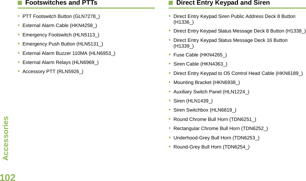 AccessoriesEnglish102Footswitches and PTTs•PTT Footswitch Button (GLN7278_)•External Alarm Cable (HKN4258_)•Emergency Footswitch (HLN5113_)•Emergency Push Button (HLN5131_)•External Alarm Buzzer 110MA (HLN6953_)•External Alarm Relays (HLN6969_)•Accessory PTT (RLN5926_)Direct Entry Keypad and Siren•Direct Entry Keypad Siren Public Address Deck 8 Button (H1336_)•Direct Entry Keypad Status Message Deck 8 Button (H1338_)•Direct Entry Keypad Status Message Deck 16 Button (H1339_)•Fuse Cable (HKN4265_)•Siren Cable (HKN4363_)•Direct Entry Keypad to O5 Control Head Cable (HKN6189_)•Mounting Bracket (HKN6938_)•Auxiliary Switch Panel (HLN1224_)•Siren (HLN1439_)•Siren Switchbox (HLN6819_)•Round Chrome Bull Horn (TDN6251_)•Rectangular Chrome Bull Horn (TDN6252_)•Underhood-Grey Bull Horn (TDN6253_)•Round-Grey Bull Horn (TDN6254_)