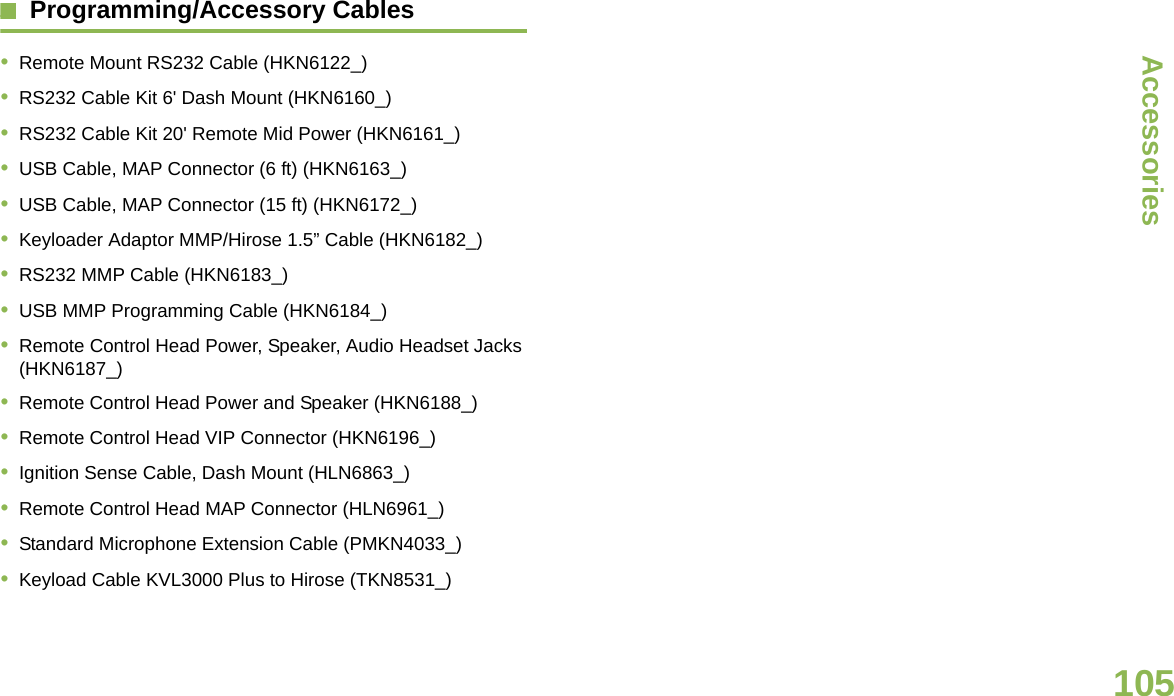 AccessoriesEnglish105Programming/Accessory Cables•Remote Mount RS232 Cable (HKN6122_)•RS232 Cable Kit 6&apos; Dash Mount (HKN6160_)•RS232 Cable Kit 20&apos; Remote Mid Power (HKN6161_)•USB Cable, MAP Connector (6 ft) (HKN6163_)•USB Cable, MAP Connector (15 ft) (HKN6172_)•Keyloader Adaptor MMP/Hirose 1.5” Cable (HKN6182_)•RS232 MMP Cable (HKN6183_)•USB MMP Programming Cable (HKN6184_)•Remote Control Head Power, Speaker, Audio Headset Jacks (HKN6187_)•Remote Control Head Power and Speaker (HKN6188_)•Remote Control Head VIP Connector (HKN6196_)•Ignition Sense Cable, Dash Mount (HLN6863_)•Remote Control Head MAP Connector (HLN6961_)•Standard Microphone Extension Cable (PMKN4033_)•Keyload Cable KVL3000 Plus to Hirose (TKN8531_)