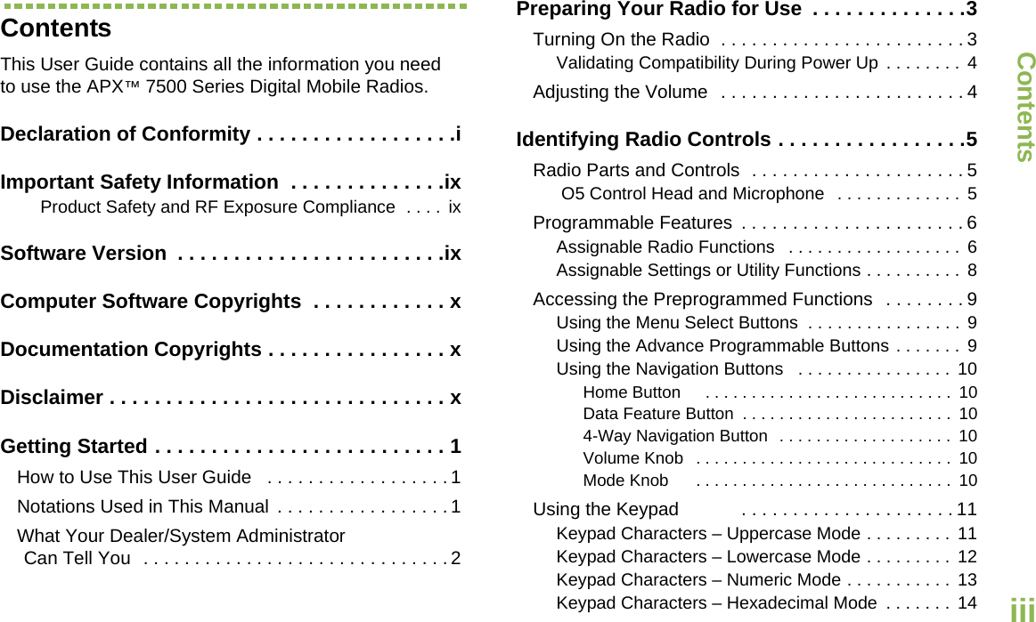 ContentsEnglishiiiContentsThis User Guide contains all the information you need to use the APX™ 7500 Series Digital Mobile Radios.Declaration of Conformity . . . . . . . . . . . . . . . . . .iImportant Safety Information  . . . . . . . . . . . . . .ixProduct Safety and RF Exposure Compliance  . . . .  ixSoftware Version  . . . . . . . . . . . . . . . . . . . . . . . .ixComputer Software Copyrights  . . . . . . . . . . . . xDocumentation Copyrights . . . . . . . . . . . . . . . . xDisclaimer . . . . . . . . . . . . . . . . . . . . . . . . . . . . . . xGetting Started . . . . . . . . . . . . . . . . . . . . . . . . . . 1How to Use This User Guide   . . . . . . . . . . . . . . . . . . 1Notations Used in This Manual  . . . . . . . . . . . . . . . . . 1What Your Dealer/System Administrator Can Tell You  . . . . . . . . . . . . . . . . . . . . . . . . . . . . . . 2Preparing Your Radio for Use  . . . . . . . . . . . . . .3Turning On the Radio  . . . . . . . . . . . . . . . . . . . . . . . . 3Validating Compatibility During Power Up  . . . . . . . . 4Adjusting the Volume  . . . . . . . . . . . . . . . . . . . . . . . . 4Identifying Radio Controls . . . . . . . . . . . . . . . . .5Radio Parts and Controls  . . . . . . . . . . . . . . . . . . . . . 5 O5 Control Head and Microphone   . . . . . . . . . . . . .  5Programmable Features  . . . . . . . . . . . . . . . . . . . . . . 6Assignable Radio Functions   . . . . . . . . . . . . . . . . . .  6Assignable Settings or Utility Functions . . . . . . . . . .  8Accessing the Preprogrammed Functions  . . . . . . . . 9Using the Menu Select Buttons  . . . . . . . . . . . . . . . . 9Using the Advance Programmable Buttons . . . . . . .  9Using the Navigation Buttons   . . . . . . . . . . . . . . . . 10Home Button     . . . . . . . . . . . . . . . . . . . . . . . . . . .  10Data Feature Button  . . . . . . . . . . . . . . . . . . . . . . .  104-Way Navigation Button  . . . . . . . . . . . . . . . . . . .  10Volume Knob   . . . . . . . . . . . . . . . . . . . . . . . . . . . .  10Mode Knob      . . . . . . . . . . . . . . . . . . . . . . . . . . . .  10Using the Keypad            . . . . . . . . . . . . . . . . . . . . . 11Keypad Characters – Uppercase Mode . . . . . . . . .  11Keypad Characters – Lowercase Mode . . . . . . . . .  12Keypad Characters – Numeric Mode . . . . . . . . . . .  13Keypad Characters – Hexadecimal Mode  . . . . . . .  14