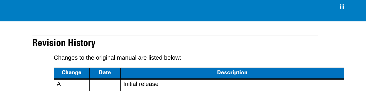  iiiRevision HistoryChanges to the original manual are listed below:Change Date DescriptionA Initial release