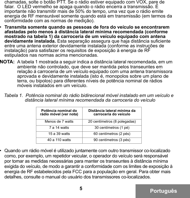 5Portuguêschamadas, solte o botão PTT. Se o rádio estiver equipado com VOX, pare de falar.  O LED vermelho se apaga quando o rádio encerra a transmissão. É importante não transmitir mais de 50% do tempo, uma vez que o rádio emite energia de RF mensurável somente quando está em transmissão (em termos da conformidade com as normas de medição).•Transmita somente quando as pessoas de fora do veículo se encontrarem afastadas pelo menos à distância lateral mínima recomendada (conforme mostrado na tabela 1) da carroceria de um veículo equipado com antena devidamente instalada. Esta separação assegura que haja distância suficiente entre uma antena exterior devidamente instalada (conforme as instruções de instalação) para satisfazer os requisitos de exposição à energia de RF estipulados nas normas acima mencionadas.NOTA: A tabela 1 mostrada a seguir indica a distância lateral recomendada, em um ambiente não controlado, que deve ser mantida pelos transeuntes em relação á carroceria de um veículo equipado com uma antena transmissora aprovada e devidamente instalada (isto é, monopolos sobre um plano de terra, ou bipolos) para diferentes níveis de potência nominal de rádios móveis instalados em um veículo.• Quando um rádio móvel é utilizado juntamente com outro transmissor co-localizado como, por exemplo, um repetidor veicular, o operador do veículo será responsável por tomar as medidas necessárias para manter os transeuntes à distância mínima exigida do veículo, de modo a garantir a conformidade com os limites de exposição à energia de RF estabelecidos pela FCC para a população em geral. Para obter mais detalhes, consulte o manual do usuário dos transmissores co-localizados.Tabela 1.  Potência nominal do rádio bidirecional móvel instalado em um veículo e  distância lateral mínima recomendada da carroceria do veículoPotência nominal do rádio móvel (ver nota) Distância lateral mínima da carroceria do veículoMenos de 7 watts 20 centímetros (8 polegadas)7 a 14 watts 30 centímetros (1 pé)15 a 39 watts 60 centímetros (2 pés)40 a 110 watts 90 centímetros (3 pés)6881095C99-G.book  Page 5  Tuesday, March 16, 2010  10:31 AM