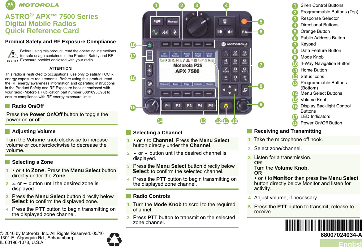 EnglishmASTRO® APX™ 7500 Series Digital Mobile RadiosQuick Reference CardProduct Safety and RF Exposure ComplianceATTENTION!This radio is restricted to occupational use only to satisfy FCC RF energy exposure requirements. Before using this product, read the RF energy awareness information and operating instructions in the Product Safety and RF Exposure booklet enclosed with your radio (Motorola Publication part number 6881095C98) to ensure compliance with RF energy exposure limits. Radio On/OffAdjusting VolumeSelecting a ZoneSelecting a ChannelRadio ControlsReceiving and TransmittingBefore using this product, read the operating instructions for safe usage contained in the Product Safety and RF Exposure booklet enclosed with your radio.Press the Power On/Off button to toggle the power on or off.Turn the Volume knob clockwise to increase volume or counterclockwise to decrease the volume.1&gt; or &lt; to Zone. Press the Menu Select button directly under the Zone. 2U or D button until the desired zone is displayed.3Press the Menu Select button directly below Select to confirm the displayed zone. 4Press the PTT button to begin transmitting on the displayed zone channel.!1&gt; or &lt; to Channel. Press the Menu Select button directly under the Channel. 2U or D button until the desired channel is displayed.3Press the Menu Select button directly below Select to confirm the selected channel.4Press the PTT button to begin transmitting on the displayed zone channel.1Turn the Mode Knob to scroll to the required channel. 2Press PTT button to transmit on the selected zone channel.5412 3678911 1012131415161718Siren Control ButtonsProgrammable Buttons (Top)Response SelectorDirectional ButtonsOrange ButtonPublic Address ButtonKeypadData Feature ButtonMode Knob4-Way Navigation ButtonHome ButtonSatus IconsProgrammable Buttons (Bottom)Menu Select ButtonsVolume KnobDisplay Backlight Control ButtonsLED IndicatorsPower On/Off Button1Take the microphone off hook.2Select zone/channel.3Listen for a transmission.ORTurn the Volume Knob.OR&gt; or &lt; to Monitor then press the Menu Select button directly below Monitor and listen for activity.4Adjust volume, if necessary.5Press the PTT button to transmit; release to receive.123456789101112131415161718*68007024034*68007024034-A© 2010 by Motorola, Inc. All Rights Reserved. 05/101301 E. Algonquin Rd., Schaumburg,IL 60196-1078, U.S.A.