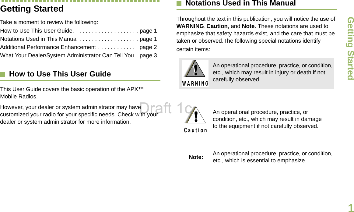 Getting StartedEnglish1Getting StartedTake a moment to review the following:How to Use This User Guide. . . . . . . . . . . . . . . . . . . . . page 1Notations Used in This Manual . . . . . . . . . . . . . . . . . . . page 1Additional Performance Enhancement . . . . . . . . . . . . . page 2What Your Dealer/System Administrator Can Tell You . page 3How to Use This User GuideThis User Guide covers the basic operation of the APX™ Mobile Radios.However, your dealer or system administrator may have customized your radio for your specific needs. Check with your dealer or system administrator for more information.Notations Used in This ManualThroughout the text in this publication, you will notice the use of WARNING, Caution, and Note. These notations are used to emphasize that safety hazards exist, and the care that must be taken or observed.The following special notations identify certain items:An operational procedure, practice, or condition, etc., which may result in injury or death if not carefully observed.An operational procedure, practice, or condition, etc., which may result in damage to the equipment if not carefully observed.Note: An operational procedure, practice, or condition, etc., which is essential to emphasize.!W A R N I N G!!C a u t i o nDraft 1c