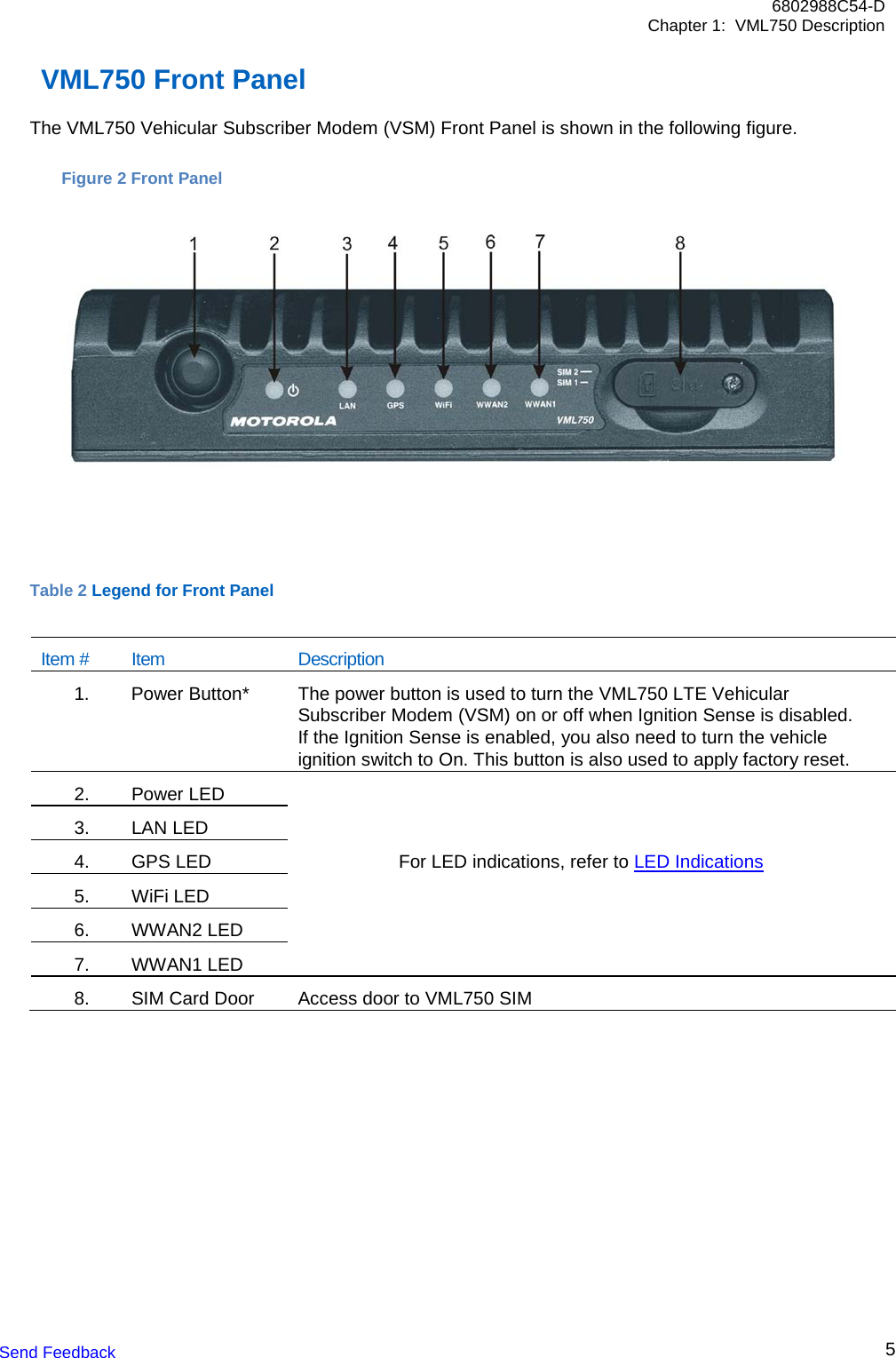 6802988C54-D Chapter 1:  VML750 Description Send Feedback  5   VML750 Front Panel  The VML750 Vehicular Subscriber Modem (VSM) Front Panel is shown in the following figure.      Table 2 Legend for Front Panel  Item # Item Description 1.    Power Button* The power button is used to turn the VML750 LTE Vehicular Subscriber Modem (VSM) on or off when Ignition Sense is disabled. If the Ignition Sense is enabled, you also need to turn the vehicle ignition switch to On. This button is also used to apply factory reset. 2.   Power LED  3.   LAN LED  4.   GPS LED For LED indications, refer to LED Indications 5.   WiFi LED  6.   WWAN2 LED  7.   WWAN1 LED  8.   SIM Card Door Access door to VML750 SIM  Figure 2 Front Panel 