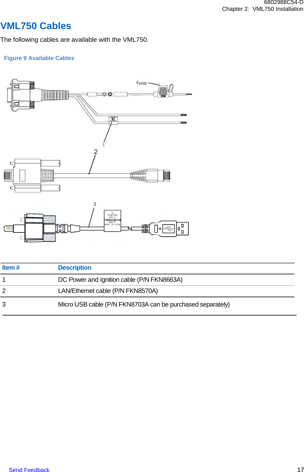 Send Feedback 17 6802988C54-D Chapter 2:  VML750 Installation    VML750 Cables The following cables are available with the VML750.    Item #  Description 1 DC Power and Ignition cable (P/N  FKN8663A) 2 LAN/Ethernet cable (P/N FKN8570A)  3  Micro USB cable (P/N FKN8703A can be purchased separately)   Figure 9 Available Cables     