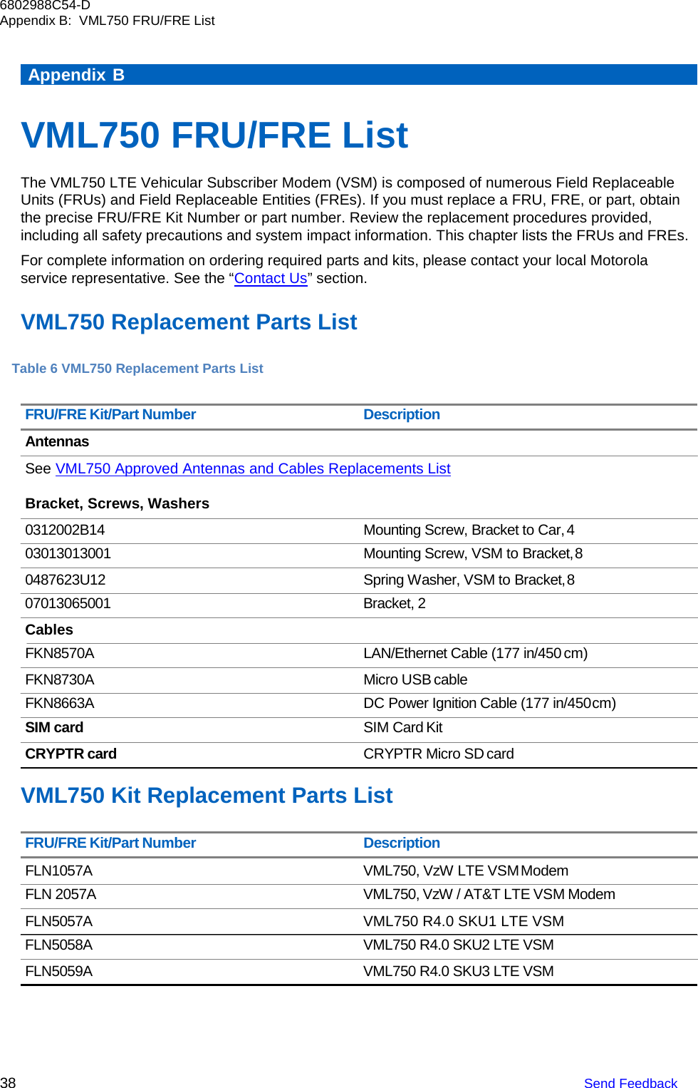 6802988C54-D Appendix B:  VML750 FRU/FRE List 38 Send Feedback   Appendix B VML750 FRU/FRE List The VML750 LTE Vehicular Subscriber Modem (VSM) is composed of numerous Field Replaceable Units (FRUs) and Field Replaceable Entities (FREs). If you must replace a FRU, FRE, or part, obtain the precise FRU/FRE Kit Number or part number. Review the replacement procedures provided, including all safety precautions and system impact information. This chapter lists the FRUs and FREs. For complete information on ordering required parts and kits, please contact your local Motorola service representative. See the “Contact Us” section. VML750 Replacement Parts List Table 6 VML750 Replacement Parts ListFRU/FRE Kit/Part Number Description Antennas See VML750 Approved Antennas and Cables Replacements List Bracket, Screws, Washers 0312002B14 Mounting Screw, Bracket to Car, 4 03013013001 Mounting Screw, VSM to Bracket, 8 0487623U12 Spring Washer, VSM to Bracket, 8 07013065001 Bracket, 2 Cables FKN8570A  LAN/Ethernet Cable (177 in/450 cm) FKN8730A  Micro USB cable FKN8663A  DC Power Ignition Cable (177 in/450 cm) SIM card SIM Card Kit CRYPTR card CRYPTR Micro SD card VML750 Kit Replacement Parts List FRU/FRE Kit/Part Number Description FLN1057A VML750, VzW LTE VSM Modem FLN 2057A VML750, VzW / AT&amp;T LTE VSM Modem FLN5057A  VML750 R4.0 SKU1 LTE VSM FLN5058A  VML750 R4.0 SKU2 LTE VSM FLN5059A  VML750 R4.0 SKU3 LTE VSM 
