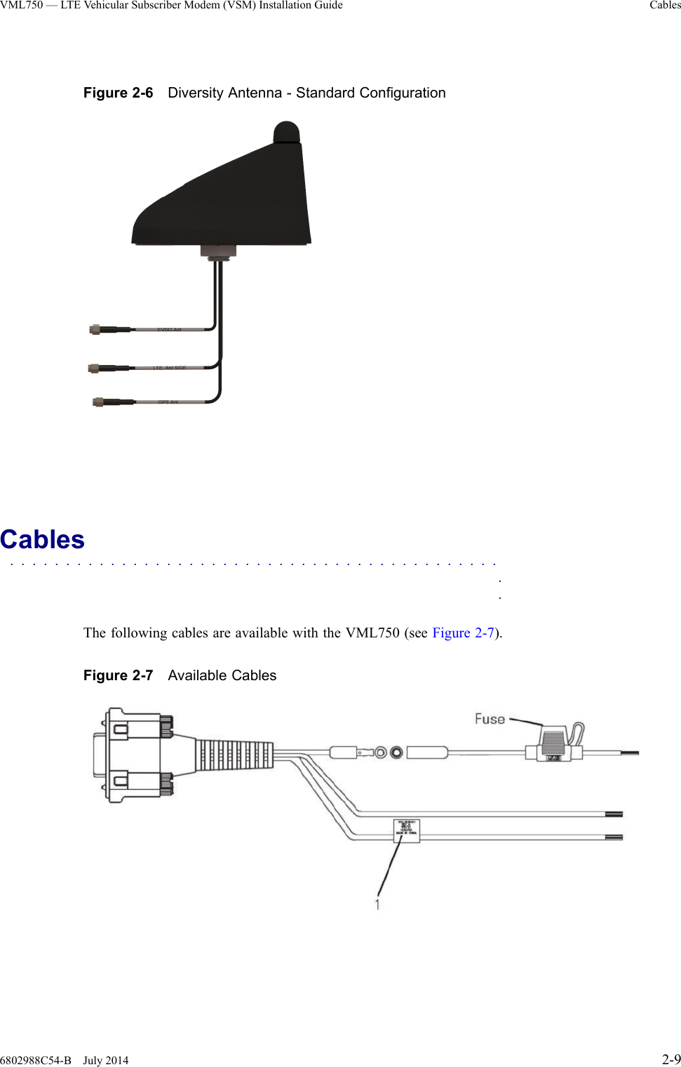 VML750—LTEV ehicularSubscriberModem(VSM)InstallationGuideCablesFigure2-6DiversityAntenna-StandardConfigurationCables■■■■■■■■■■■■■■■■■■■■■■■■■■■■■■■■■■■■■■■■■■■■■■ThefollowingcablesareavailablewiththeVML750(seeFigure2-7).Figure2-7AvailableCables6802988C54-BJuly20142-9
