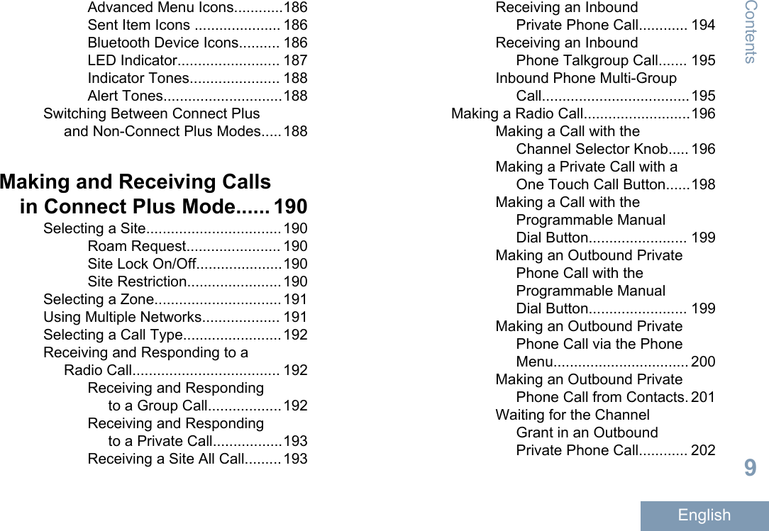 Advanced Menu Icons............186Sent Item Icons ..................... 186Bluetooth Device Icons.......... 186LED Indicator......................... 187Indicator Tones...................... 188Alert Tones.............................188Switching Between Connect Plusand Non-Connect Plus Modes.....188Making and Receiving Callsin Connect Plus Mode...... 190Selecting a Site.................................190Roam Request....................... 190Site Lock On/Off.....................190Site Restriction.......................190Selecting a Zone...............................191Using Multiple Networks................... 191Selecting a Call Type........................192Receiving and Responding to aRadio Call.................................... 192Receiving and Respondingto a Group Call..................192Receiving and Respondingto a Private Call.................193Receiving a Site All Call.........193Receiving an InboundPrivate Phone Call............ 194Receiving an InboundPhone Talkgroup Call....... 195Inbound Phone Multi-GroupCall....................................195Making a Radio Call..........................196Making a Call with theChannel Selector Knob..... 196Making a Private Call with aOne Touch Call Button......198Making a Call with theProgrammable ManualDial Button........................ 199Making an Outbound PrivatePhone Call with theProgrammable ManualDial Button........................ 199Making an Outbound PrivatePhone Call via the PhoneMenu................................. 200Making an Outbound PrivatePhone Call from Contacts. 201Waiting for the ChannelGrant in an OutboundPrivate Phone Call............ 202Contents9English