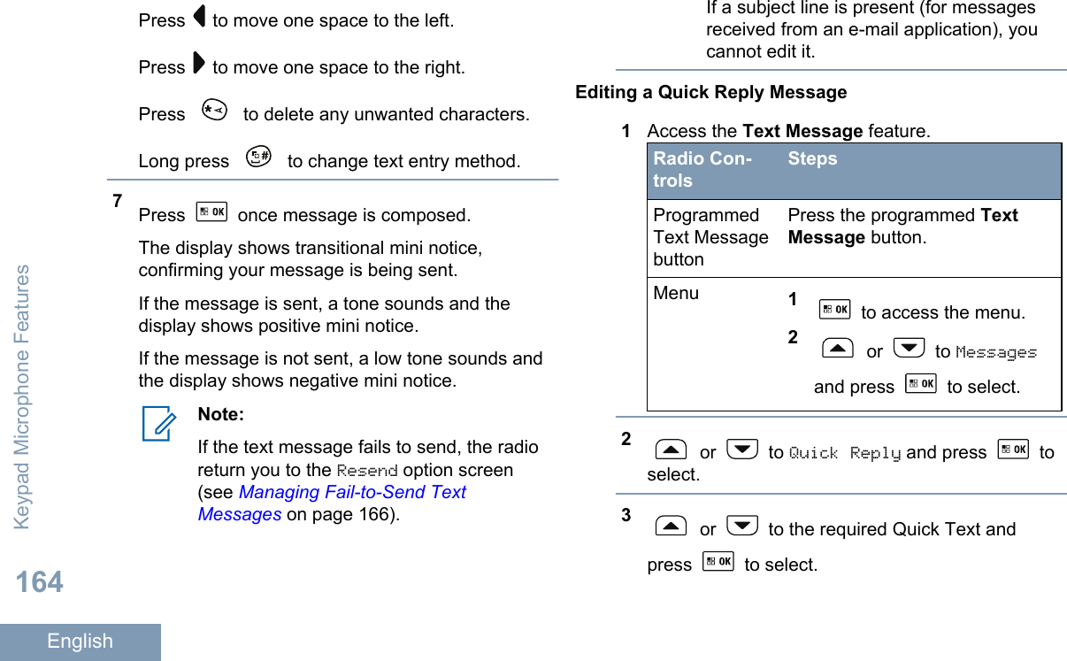 Press   to move one space to the left.Press   to move one space to the right.Press   to delete any unwanted characters.Long press   to change text entry method.7Press   once message is composed.The display shows transitional mini notice,confirming your message is being sent.If the message is sent, a tone sounds and thedisplay shows positive mini notice.If the message is not sent, a low tone sounds andthe display shows negative mini notice.Note:If the text message fails to send, the radioreturn you to the Resend option screen(see Managing Fail-to-Send TextMessages on page 166).If a subject line is present (for messagesreceived from an e-mail application), youcannot edit it.Editing a Quick Reply Message1Access the Text Message feature.Radio Con-trolsStepsProgrammedText MessagebuttonPress the programmed TextMessage button.Menu 1 to access the menu.2 or   to Messagesand press   to select.2 or   to Quick Reply and press   toselect.3 or   to the required Quick Text andpress   to select.Keypad Microphone Features164English