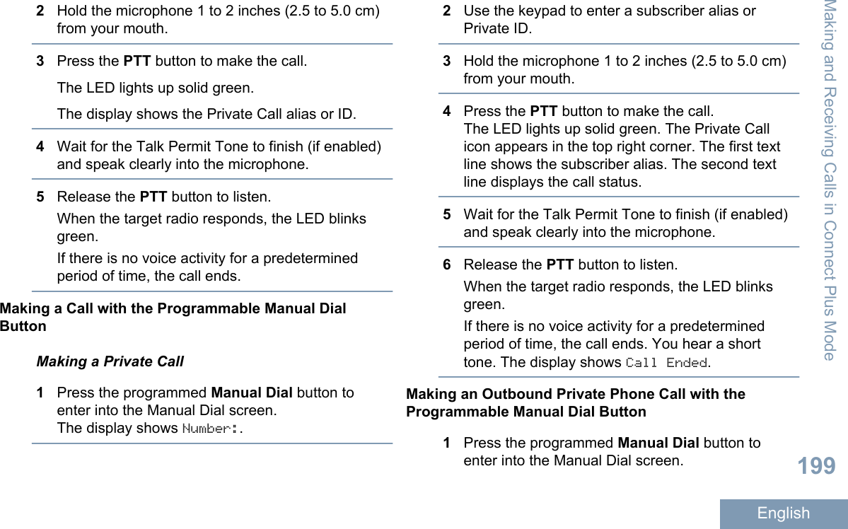 2Hold the microphone 1 to 2 inches (2.5 to 5.0 cm)from your mouth.3Press the PTT button to make the call.The LED lights up solid green.The display shows the Private Call alias or ID.4Wait for the Talk Permit Tone to finish (if enabled)and speak clearly into the microphone.5Release the PTT button to listen.When the target radio responds, the LED blinksgreen.If there is no voice activity for a predeterminedperiod of time, the call ends.Making a Call with the Programmable Manual DialButtonMaking a Private Call1Press the programmed Manual Dial button toenter into the Manual Dial screen.The display shows Number:.2Use the keypad to enter a subscriber alias orPrivate ID.3Hold the microphone 1 to 2 inches (2.5 to 5.0 cm)from your mouth.4Press the PTT button to make the call.The LED lights up solid green. The Private Callicon appears in the top right corner. The first textline shows the subscriber alias. The second textline displays the call status.5Wait for the Talk Permit Tone to finish (if enabled)and speak clearly into the microphone.6Release the PTT button to listen.When the target radio responds, the LED blinksgreen.If there is no voice activity for a predeterminedperiod of time, the call ends. You hear a shorttone. The display shows Call Ended.Making an Outbound Private Phone Call with theProgrammable Manual Dial Button1Press the programmed Manual Dial button toenter into the Manual Dial screen.Making and Receiving Calls in Connect Plus Mode199English