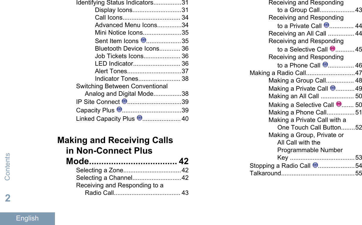 Identifying Status Indicators................31Display Icons............................31Call Icons................................. 34Advanced Menu Icons..............34Mini Notice Icons......................35Sent Item Icons  ....................35Bluetooth Device Icons............ 36Job Tickets Icons..................... 36LED Indicator........................... 36Alert Tones...............................37Indicator Tones........................ 38Switching Between ConventionalAnalog and Digital Mode................38IP Site Connect  ...............................39Capacity Plus  ..................................39Linked Capacity Plus  ...................... 40Making and Receiving Callsin Non-Connect PlusMode.................................... 42Selecting a Zone.................................42Selecting a Channel............................42Receiving and Responding to aRadio Call...................................... 43Receiving and Respondingto a Group Call....................43Receiving and Respondingto a Private Call  .............. 44Receiving an All Call ............... 44Receiving and Respondingto a Selective Call  ........... 45Receiving and Respondingto a Phone Call  ............... 46Making a Radio Call............................47Making a Group Call................ 48Making a Private Call  ...........49Making an All Call ................... 50Making a Selective Call  ....... 50Making a Phone Call................51Making a Private Call with aOne Touch Call Button........52Making a Group, Private orAll Call with theProgrammable NumberKey .....................................53Stopping a Radio Call  .....................54Talkaround..........................................55Contents2English