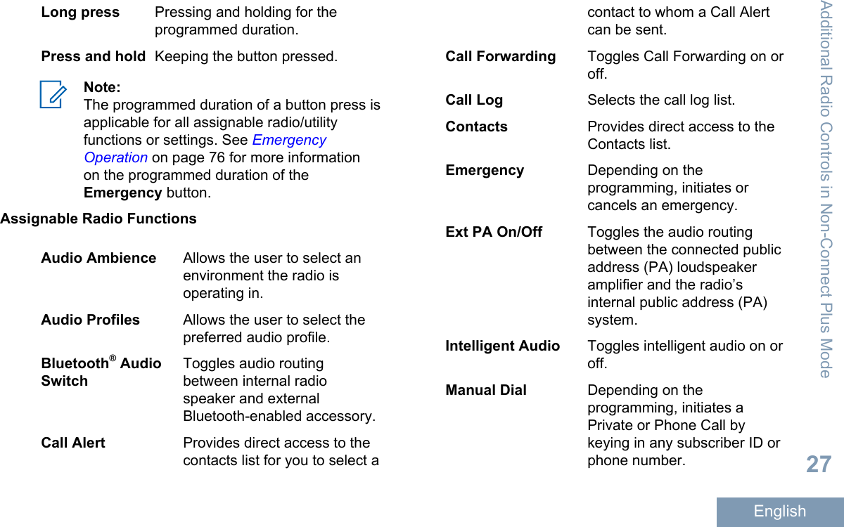 Long press Pressing and holding for theprogrammed duration.Press and hold Keeping the button pressed.Note:The programmed duration of a button press isapplicable for all assignable radio/utilityfunctions or settings. See EmergencyOperation on page 76 for more informationon the programmed duration of theEmergency button.Assignable Radio FunctionsAudio Ambience Allows the user to select anenvironment the radio isoperating in.Audio Profiles Allows the user to select thepreferred audio profile.Bluetooth® AudioSwitchToggles audio routingbetween internal radiospeaker and externalBluetooth-enabled accessory.Call Alert Provides direct access to thecontacts list for you to select acontact to whom a Call Alertcan be sent.Call Forwarding Toggles Call Forwarding on oroff.Call Log Selects the call log list.Contacts Provides direct access to theContacts list.Emergency Depending on theprogramming, initiates orcancels an emergency.Ext PA On/Off Toggles the audio routingbetween the connected publicaddress (PA) loudspeakeramplifier and the radio’sinternal public address (PA)system.Intelligent Audio Toggles intelligent audio on oroff.Manual Dial Depending on theprogramming, initiates aPrivate or Phone Call bykeying in any subscriber ID orphone number.Additional Radio Controls in Non-Connect Plus Mode27English