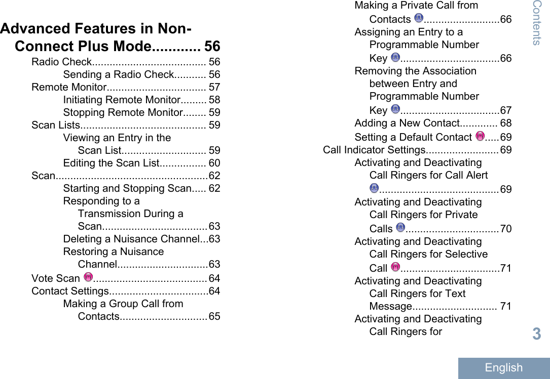 Advanced Features in Non-Connect Plus Mode............ 56Radio Check....................................... 56Sending a Radio Check........... 56Remote Monitor.................................. 57Initiating Remote Monitor......... 58Stopping Remote Monitor........ 59Scan Lists........................................... 59Viewing an Entry in theScan List............................. 59Editing the Scan List................ 60Scan....................................................62Starting and Stopping Scan..... 62Responding to aTransmission During aScan....................................63Deleting a Nuisance Channel...63Restoring a NuisanceChannel...............................63Vote Scan  ....................................... 64Contact Settings..................................64Making a Group Call fromContacts..............................65Making a Private Call fromContacts  ..........................66Assigning an Entry to aProgrammable NumberKey  ..................................66Removing the Associationbetween Entry andProgrammable NumberKey  ..................................67Adding a New Contact............. 68Setting a Default Contact  .....69Call Indicator Settings.........................69Activating and DeactivatingCall Ringers for Call Alert.........................................69Activating and DeactivatingCall Ringers for PrivateCalls  ................................70Activating and DeactivatingCall Ringers for SelectiveCall  ..................................71Activating and DeactivatingCall Ringers for TextMessage............................. 71Activating and DeactivatingCall Ringers forContents3English