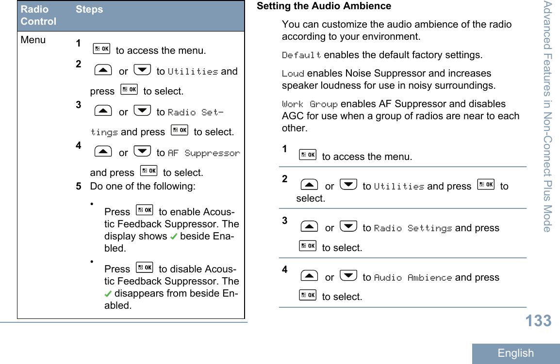 RadioControlStepsMenu 1 to access the menu.2 or   to Utilities andpress   to select.3 or   to Radio Set‐tings and press   to select.4 or   to AF Suppressorand press   to select.5Do one of the following:•Press   to enable Acous-tic Feedback Suppressor. Thedisplay shows   beside Ena-bled.•Press   to disable Acous-tic Feedback Suppressor. The disappears from beside En-abled.Setting the Audio AmbienceYou can customize the audio ambience of the radioaccording to your environment.Default enables the default factory settings.Loud enables Noise Suppressor and increasesspeaker loudness for use in noisy surroundings.Work Group enables AF Suppressor and disablesAGC for use when a group of radios are near to eachother.1 to access the menu.2 or   to Utilities and press   toselect.3 or   to Radio Settings and press to select.4 or   to Audio Ambience and press to select.Advanced Features in Non-Connect Plus Mode133English