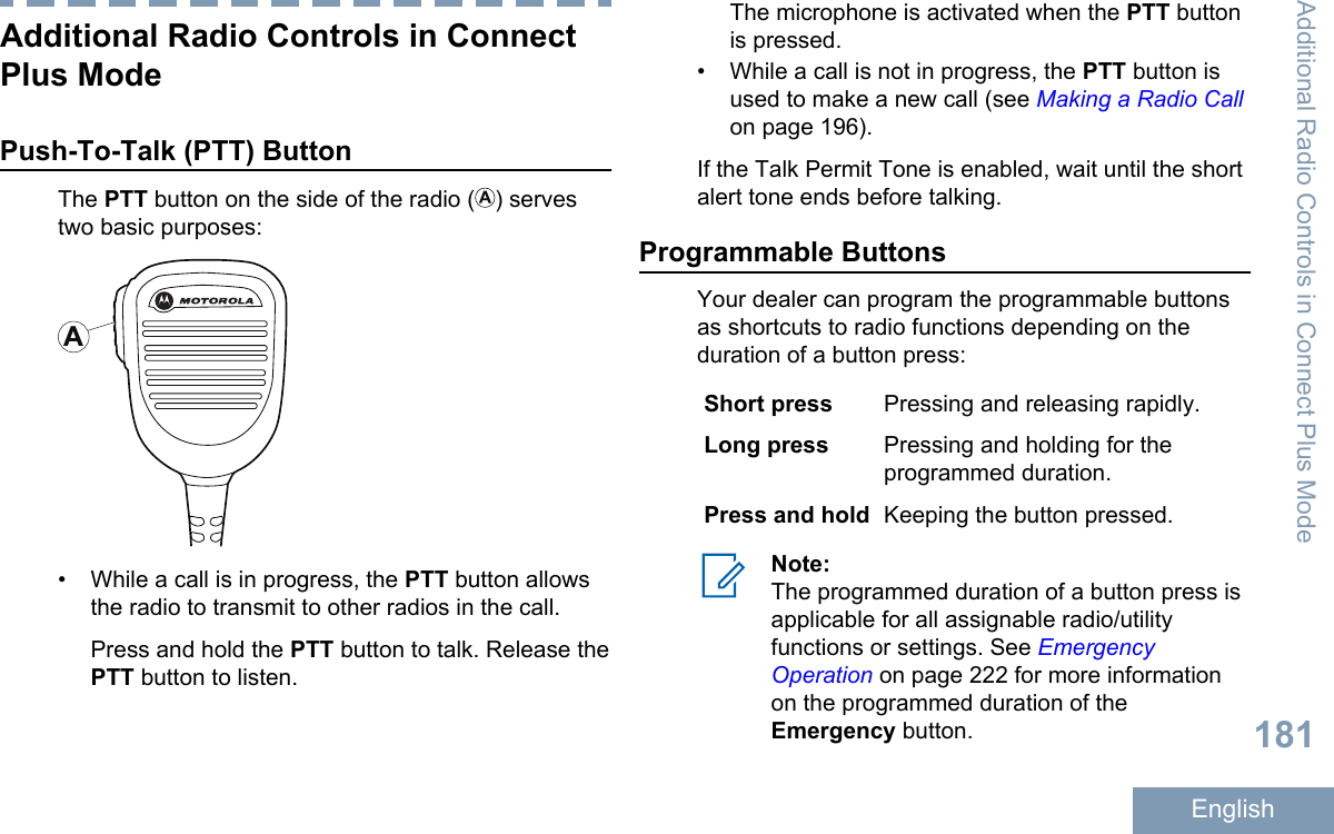 Additional Radio Controls in ConnectPlus ModePush-To-Talk (PTT) ButtonThe PTT button on the side of the radio ( ) servestwo basic purposes:A• While a call is in progress, the PTT button allowsthe radio to transmit to other radios in the call.Press and hold the PTT button to talk. Release thePTT button to listen.The microphone is activated when the PTT buttonis pressed.• While a call is not in progress, the PTT button isused to make a new call (see Making a Radio Callon page 196).If the Talk Permit Tone is enabled, wait until the shortalert tone ends before talking.Programmable ButtonsYour dealer can program the programmable buttonsas shortcuts to radio functions depending on theduration of a button press:Short press Pressing and releasing rapidly.Long press Pressing and holding for theprogrammed duration.Press and hold Keeping the button pressed.Note:The programmed duration of a button press isapplicable for all assignable radio/utilityfunctions or settings. See EmergencyOperation on page 222 for more informationon the programmed duration of theEmergency button.Additional Radio Controls in Connect Plus Mode181English